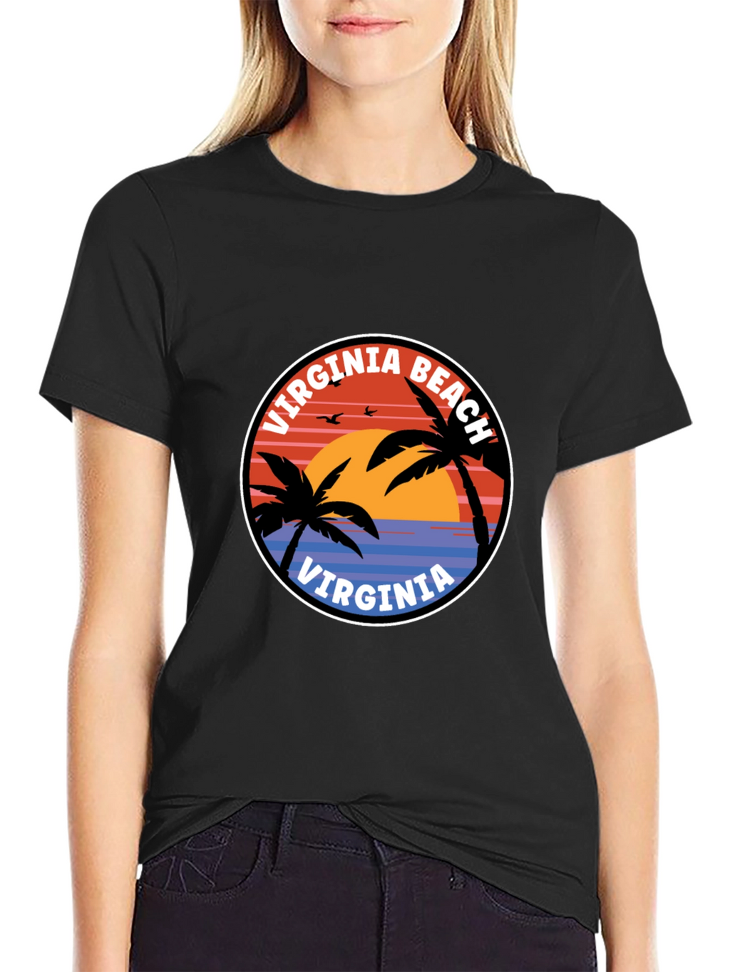 Virginia Beach T-Shirt: Retro Palm Tree Sunset Design