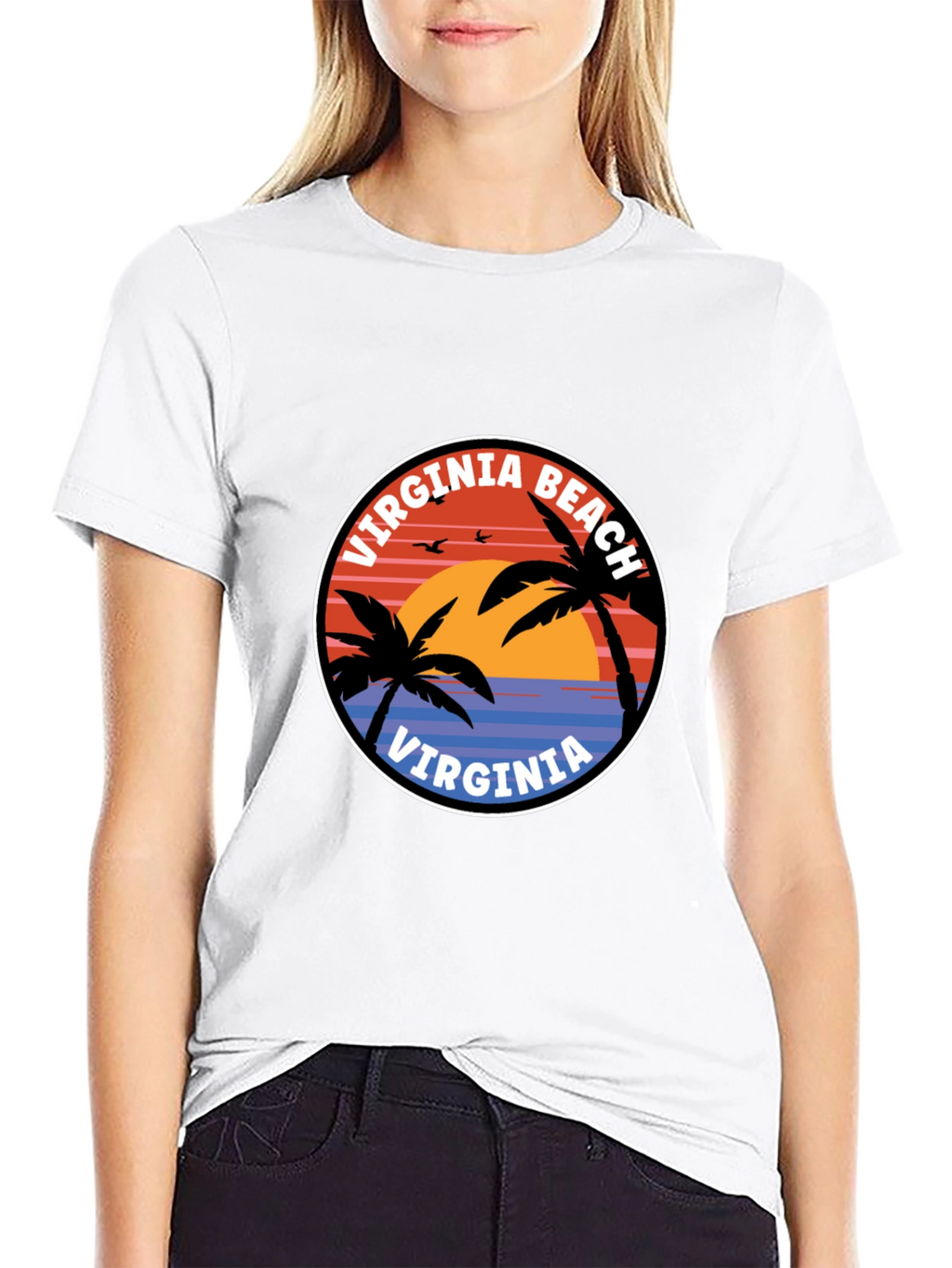 Virginia Beach T-Shirt: Retro Palm Tree Sunset Design
