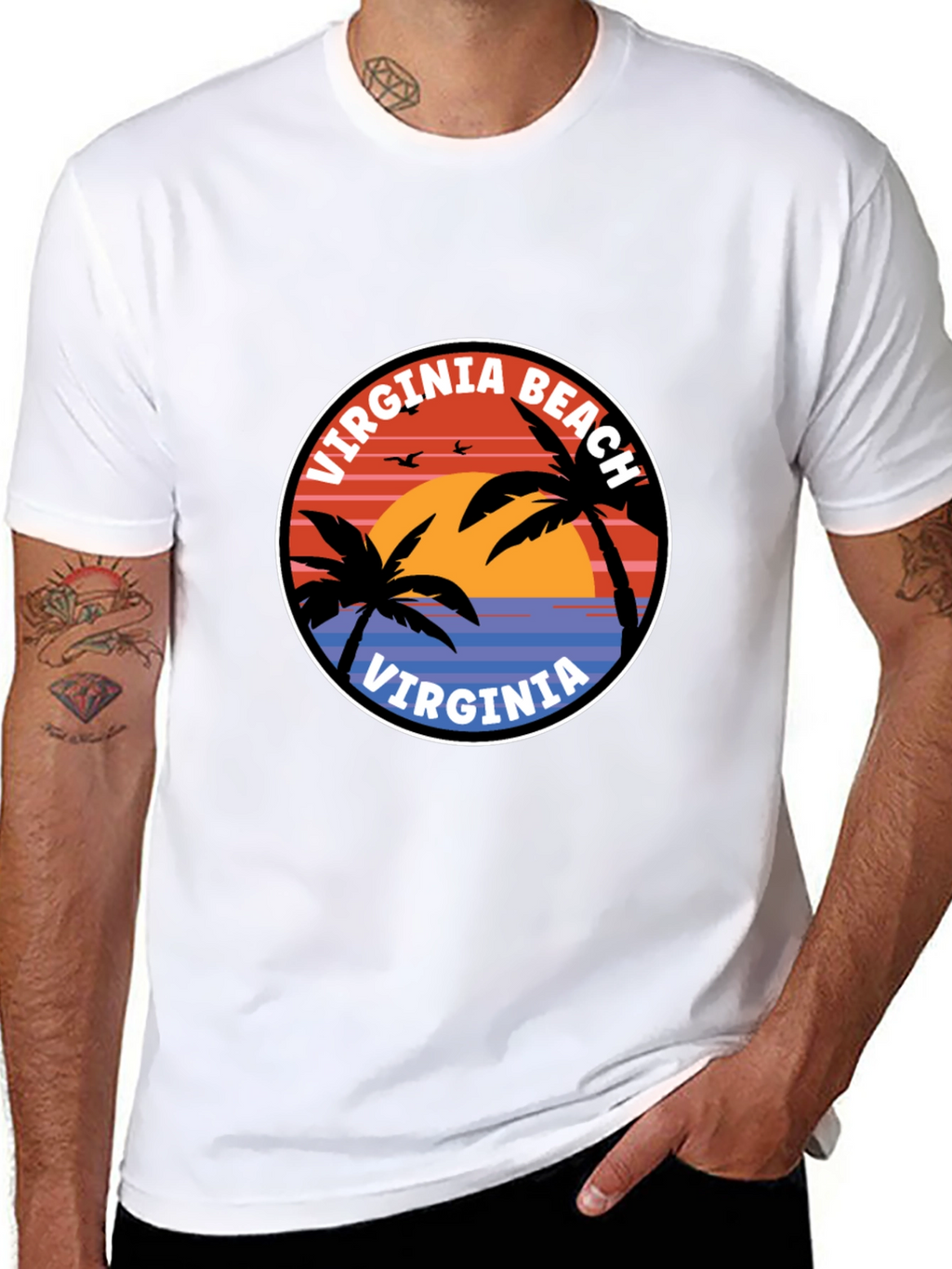 Virginia Beach T-Shirt: Retro Palm Tree Sunset Design