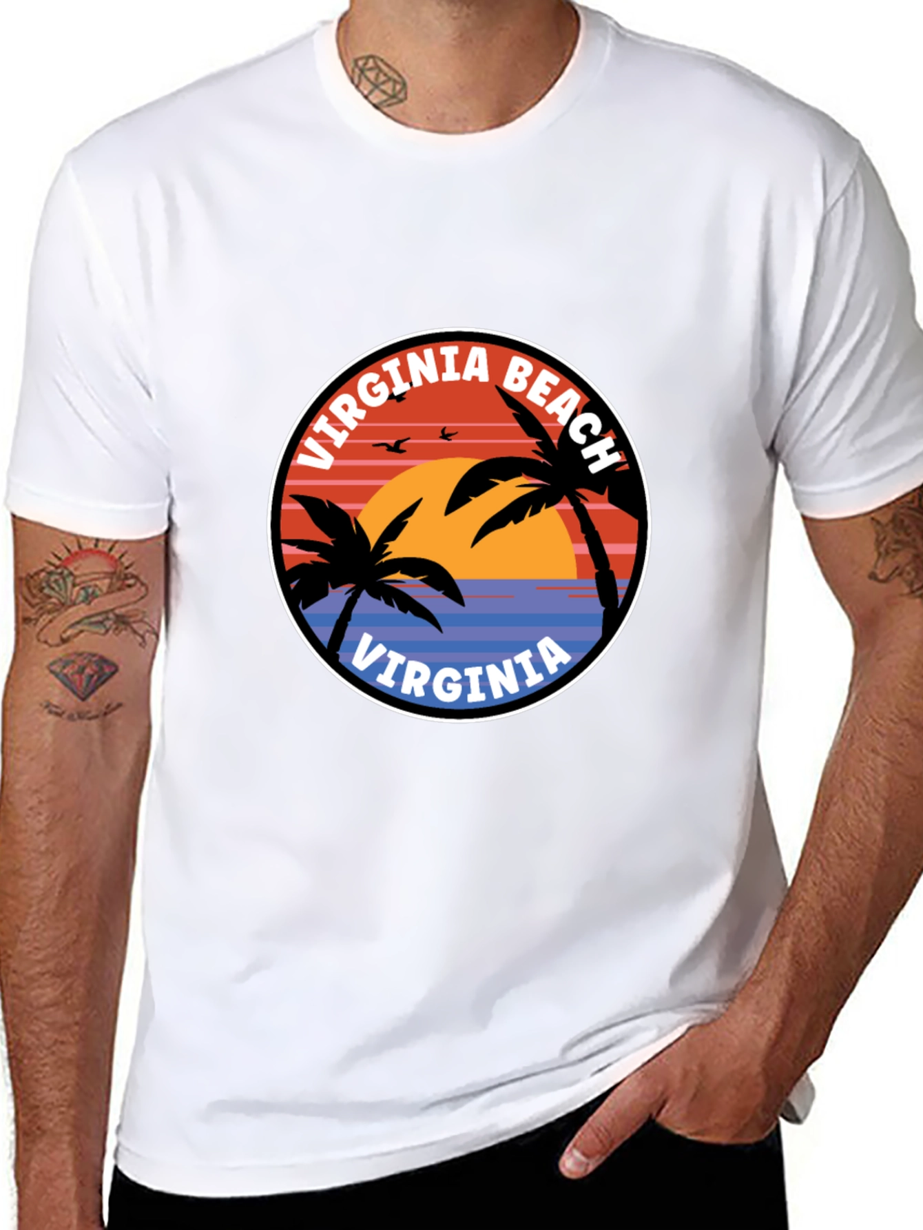 Virginia Beach T-Shirt: Retro Palm Tree Sunset Design