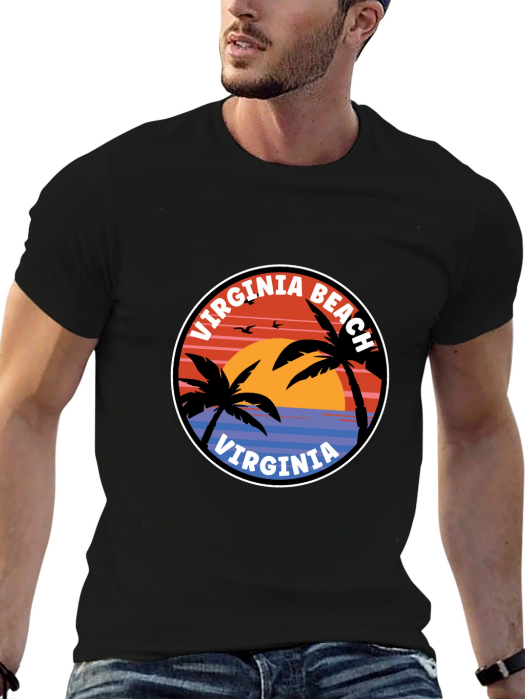 Virginia Beach T-Shirt: Retro Palm Tree Sunset Design