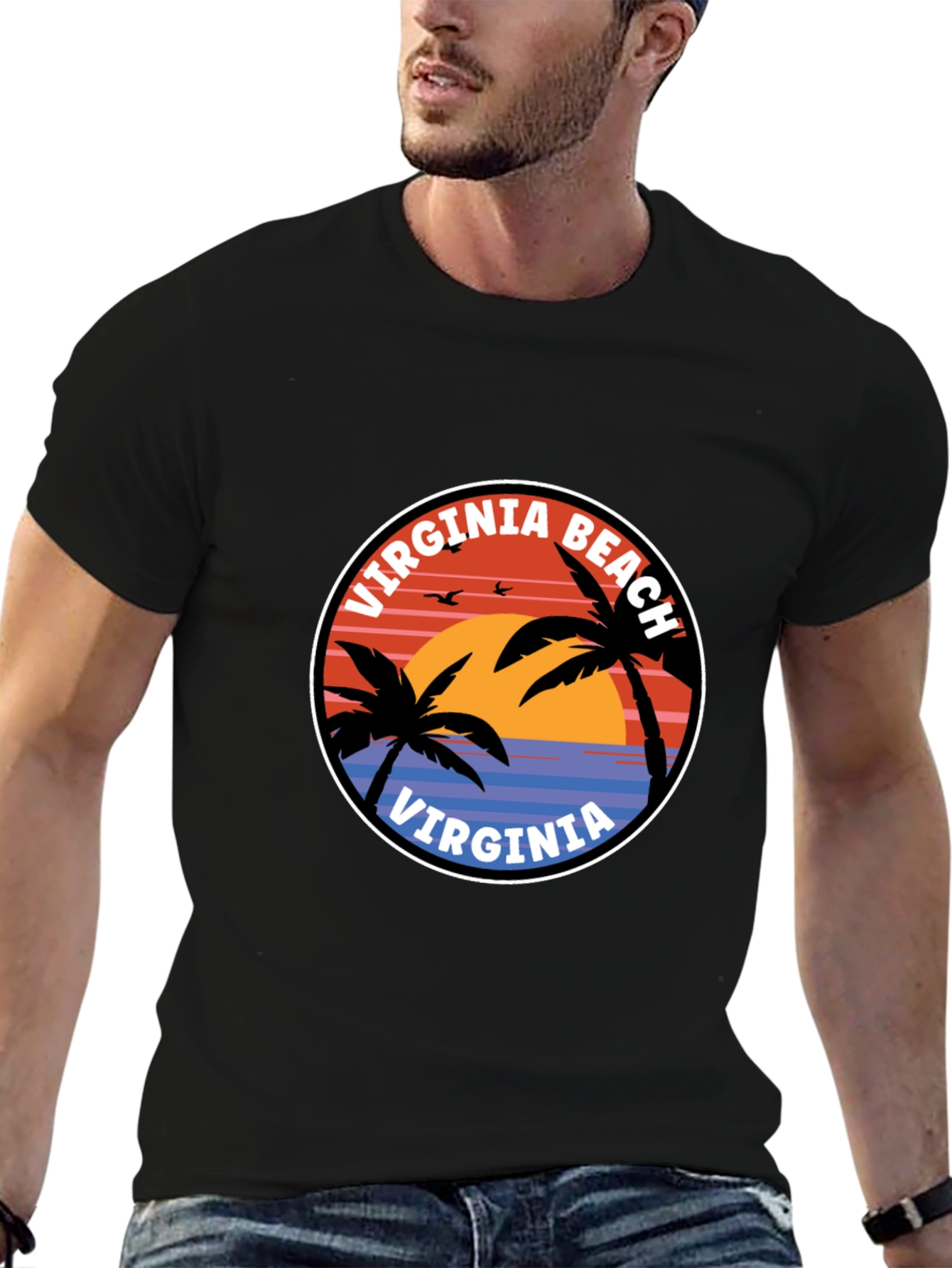 Virginia Beach T-Shirt: Retro Palm Tree Sunset Design