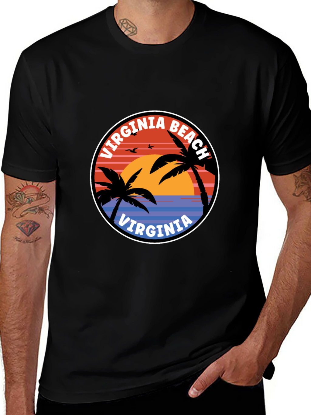 Virginia Beach T-Shirt: Retro Palm Tree Sunset Design