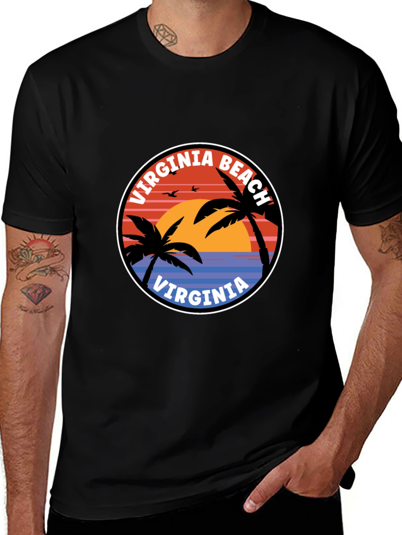 Virginia Beach T-Shirt: Retro Palm Tree Sunset Design