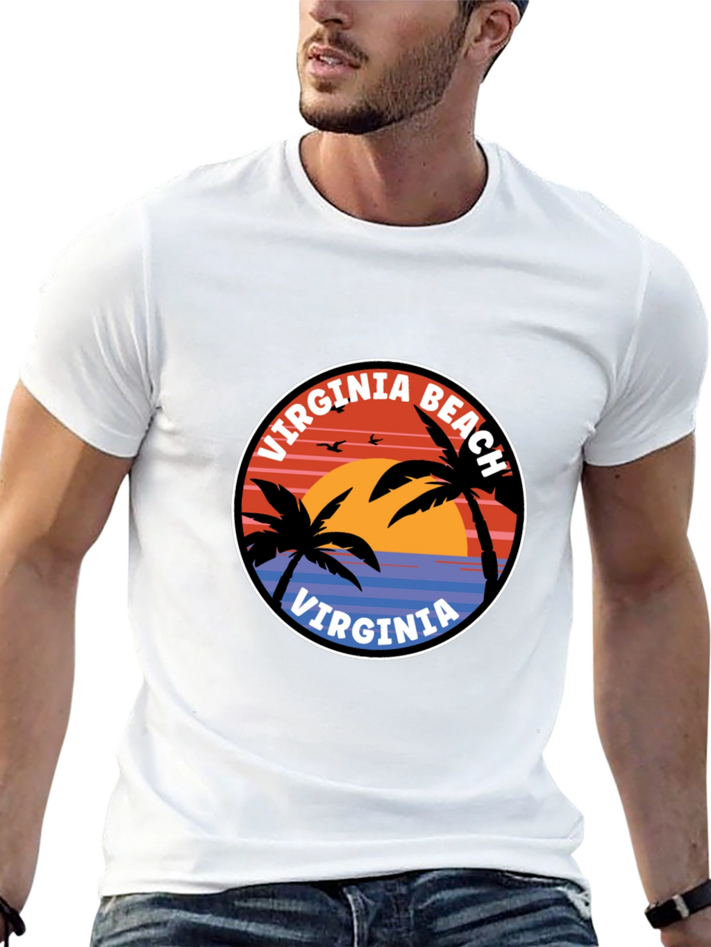 Virginia Beach T-Shirt: Retro Palm Tree Sunset Design