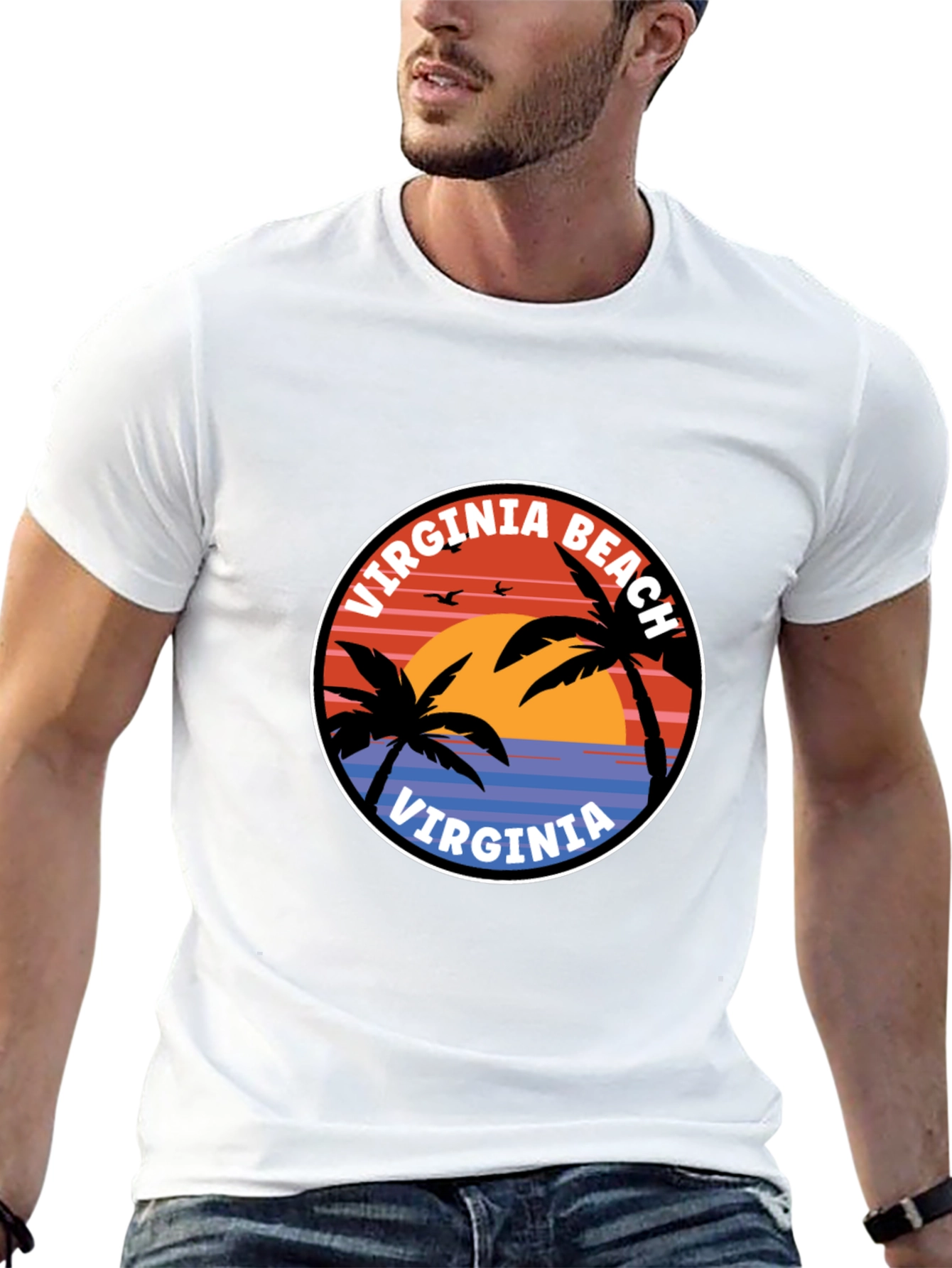 Virginia Beach T-Shirt: Retro Palm Tree Sunset Design