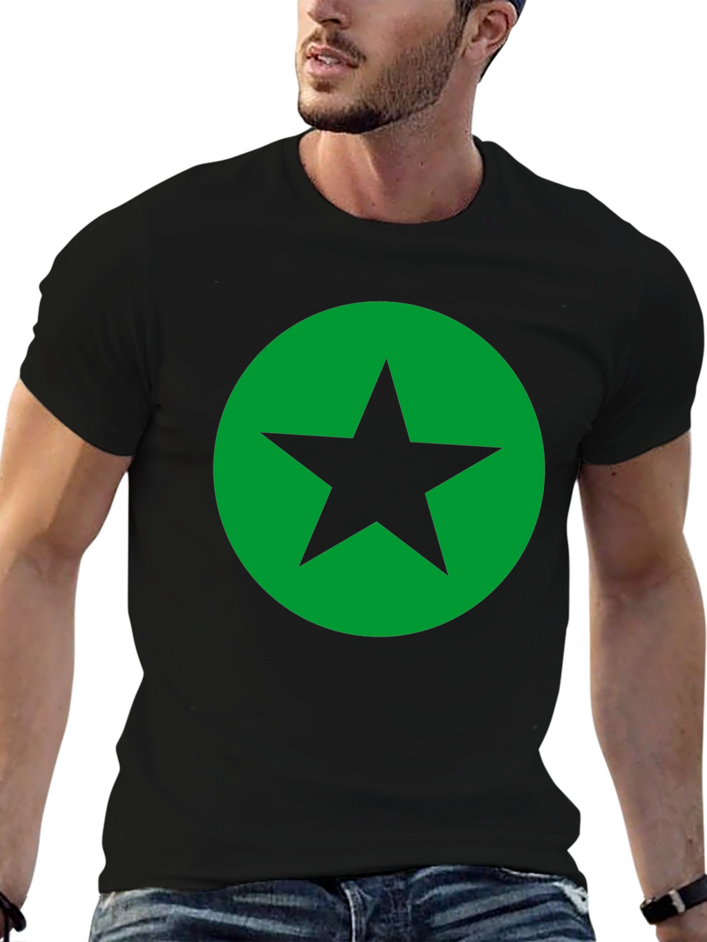 Black T-Shirt with Green Star Circle Graphic