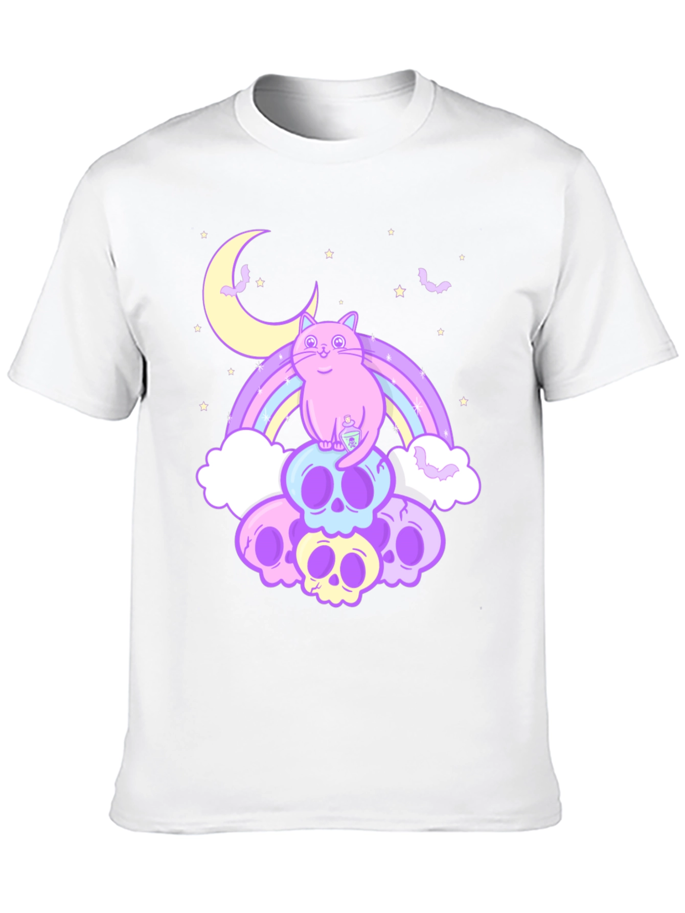 Pastel Goth Cat T-Shirt - Skull Rainbow Design