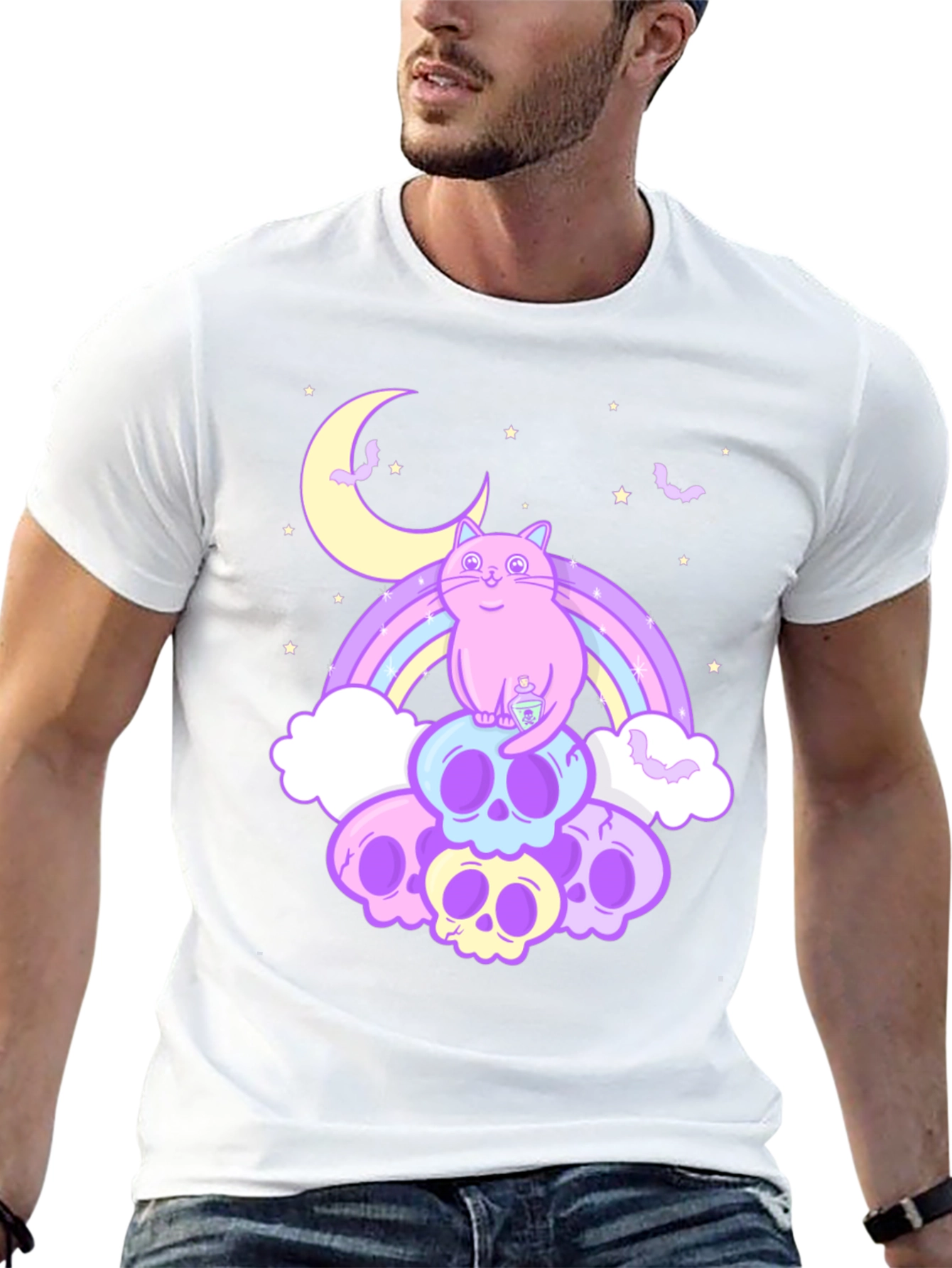 Pastel Goth Cat T-Shirt - Skull Rainbow Design