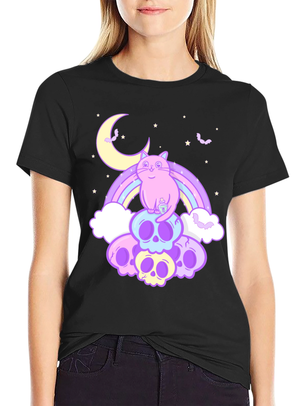 Pastel Goth Cat T-Shirt - Skull Rainbow Design