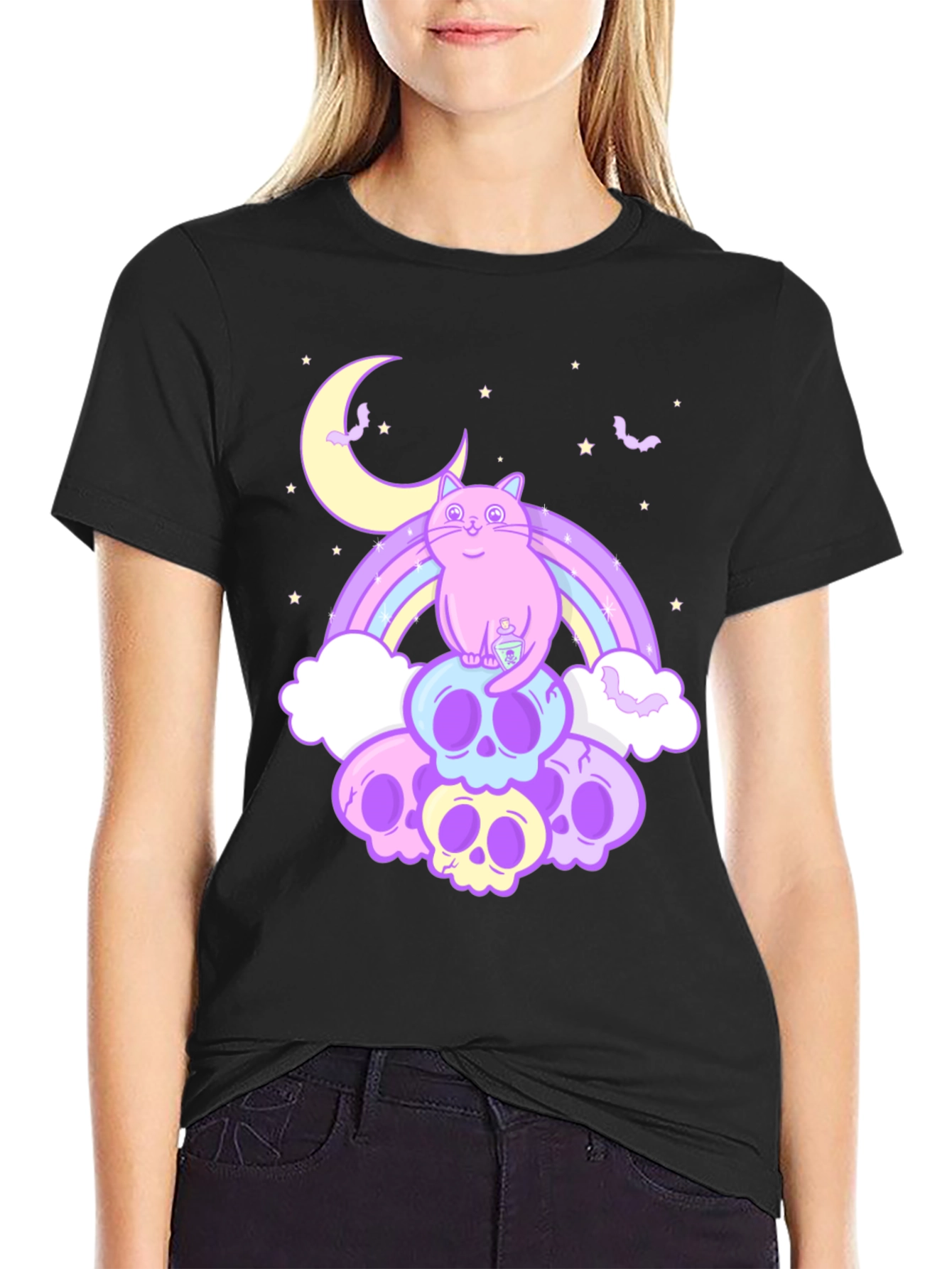 Pastel Goth Cat T-Shirt - Skull Rainbow Design