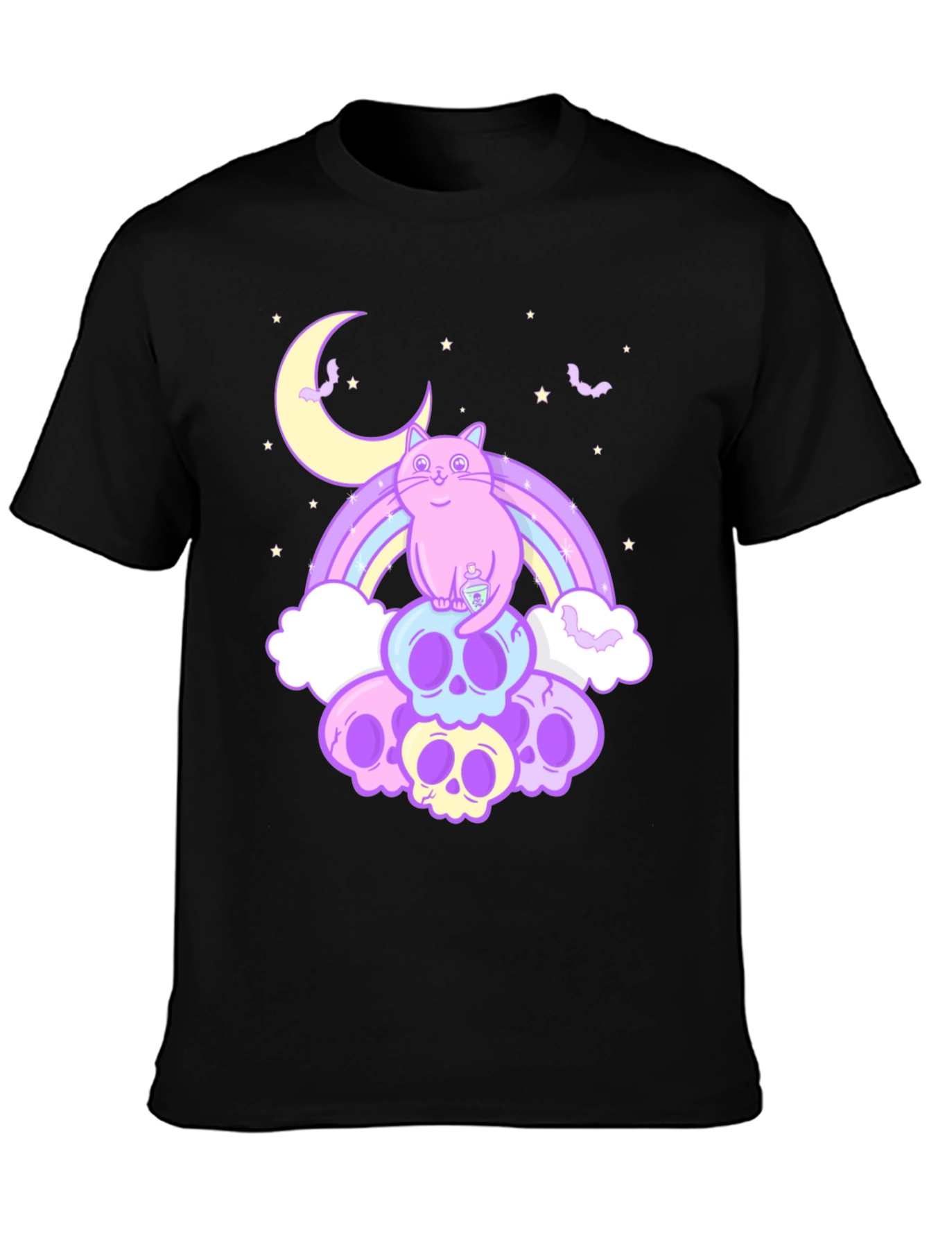 Pastel Goth Cat T-Shirt - Skull Rainbow Design