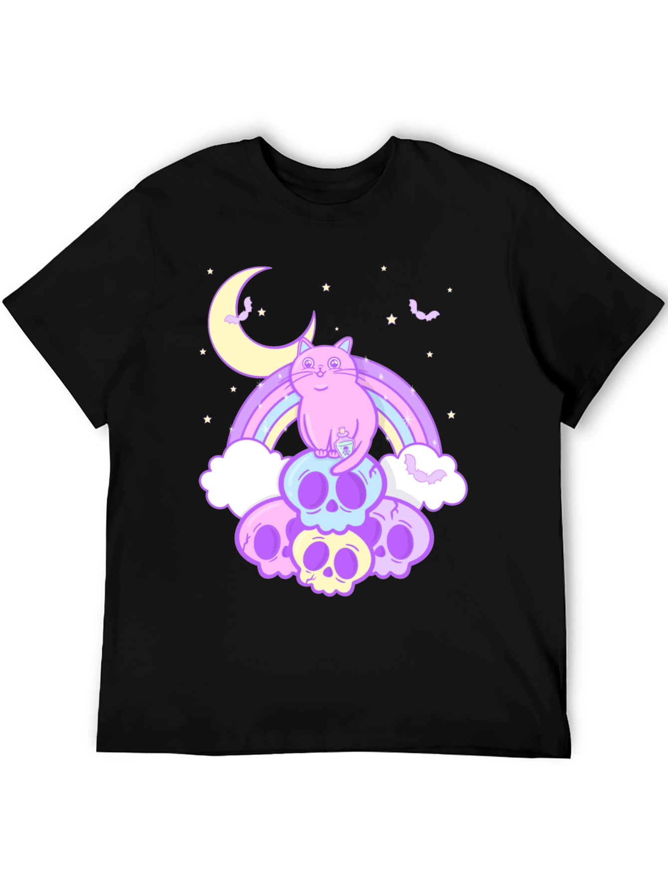 Pastel Goth Cat T-Shirt - Skull Rainbow Design