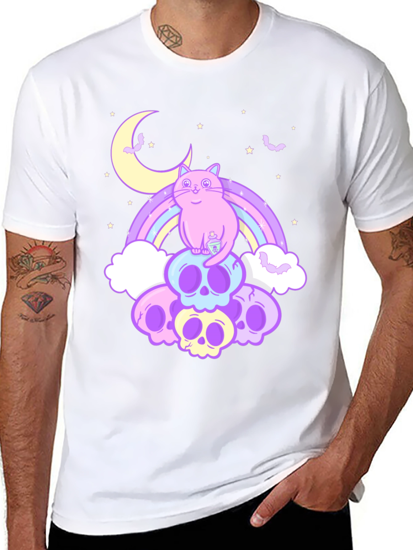 Pastel Goth Cat T-Shirt - Skull Rainbow Design