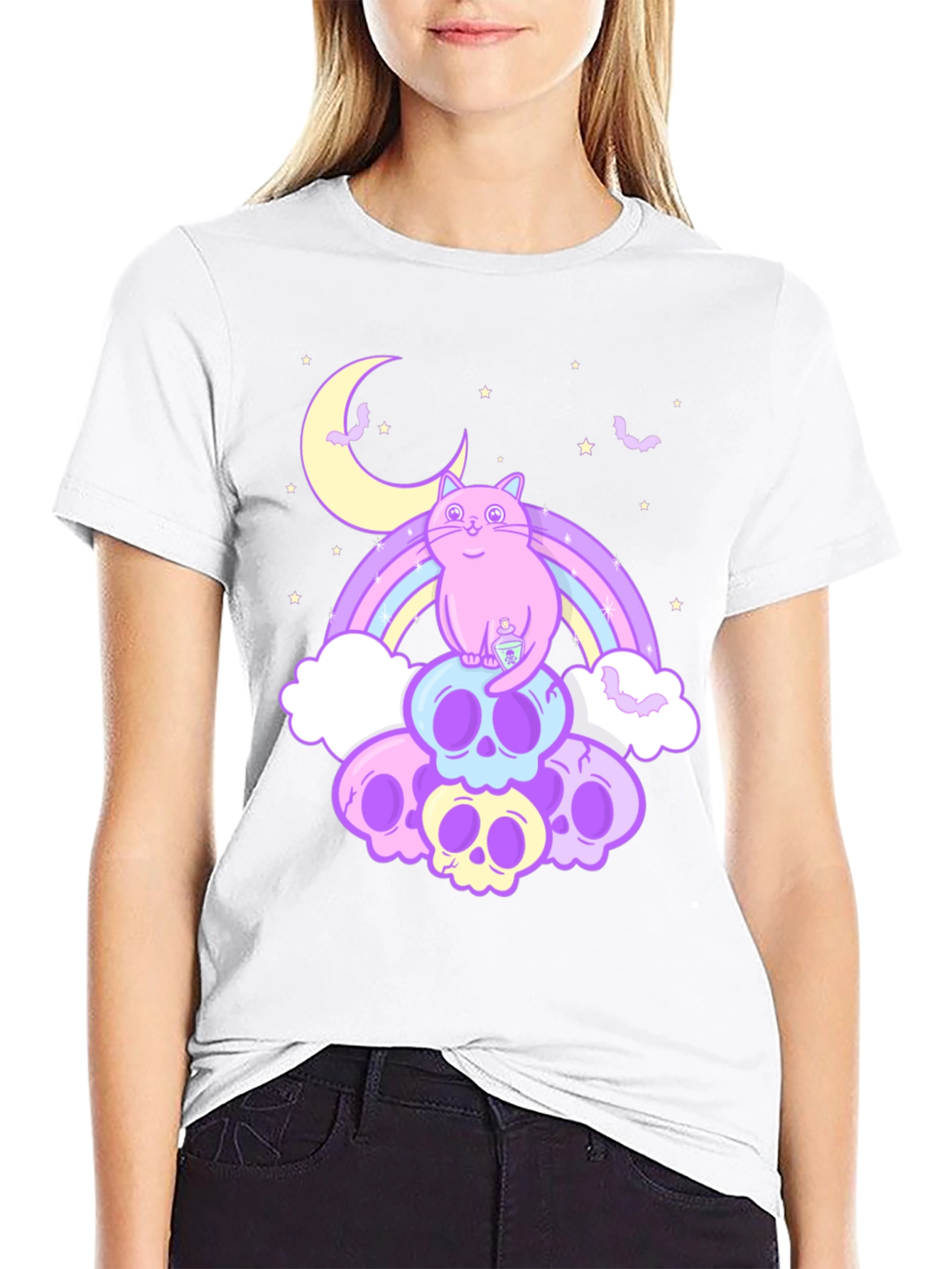 Pastel Goth Cat T-Shirt - Skull Rainbow Design