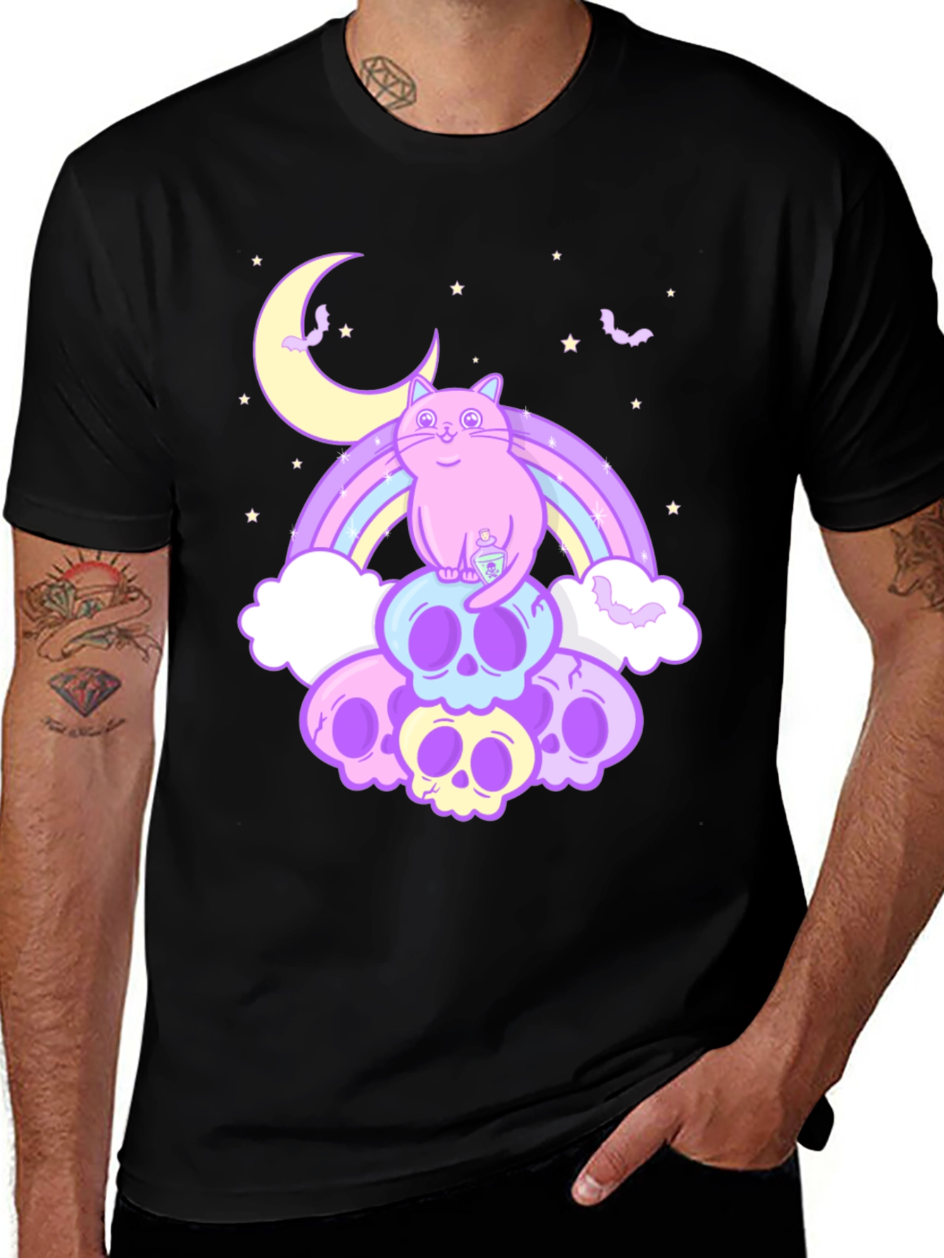 Pastel Goth Cat T-Shirt - Skull Rainbow Design