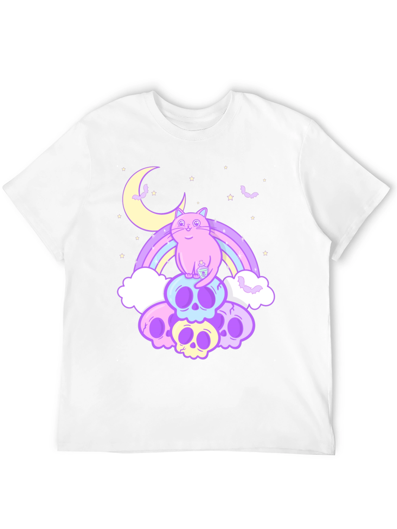 Pastel Goth Cat T-Shirt - Skull Rainbow Design