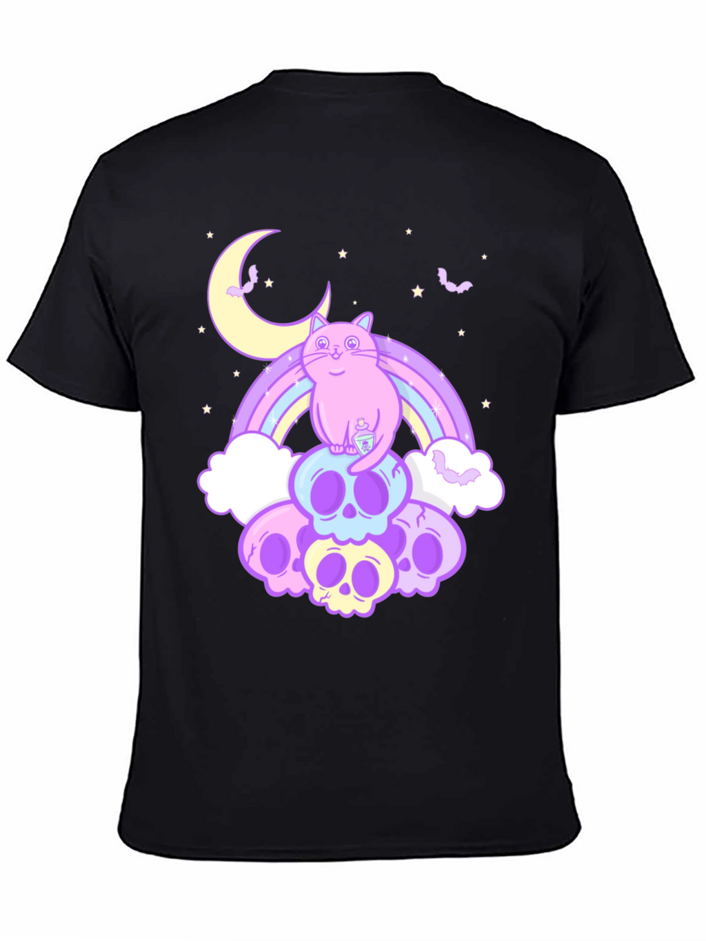 Pastel Goth Cat T-Shirt - Skull Rainbow Design