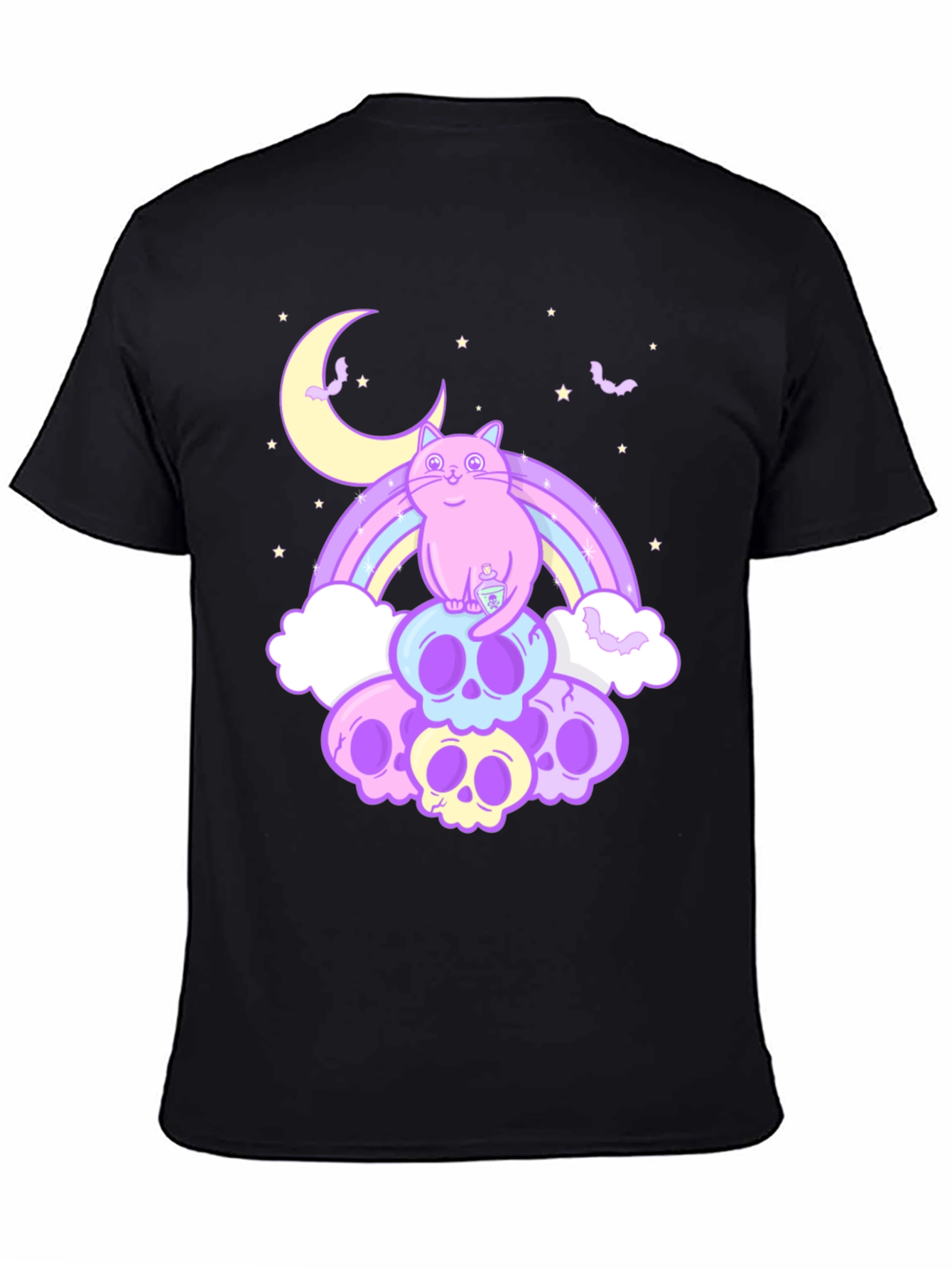 Pastel Goth Cat T-Shirt - Skull Rainbow Design