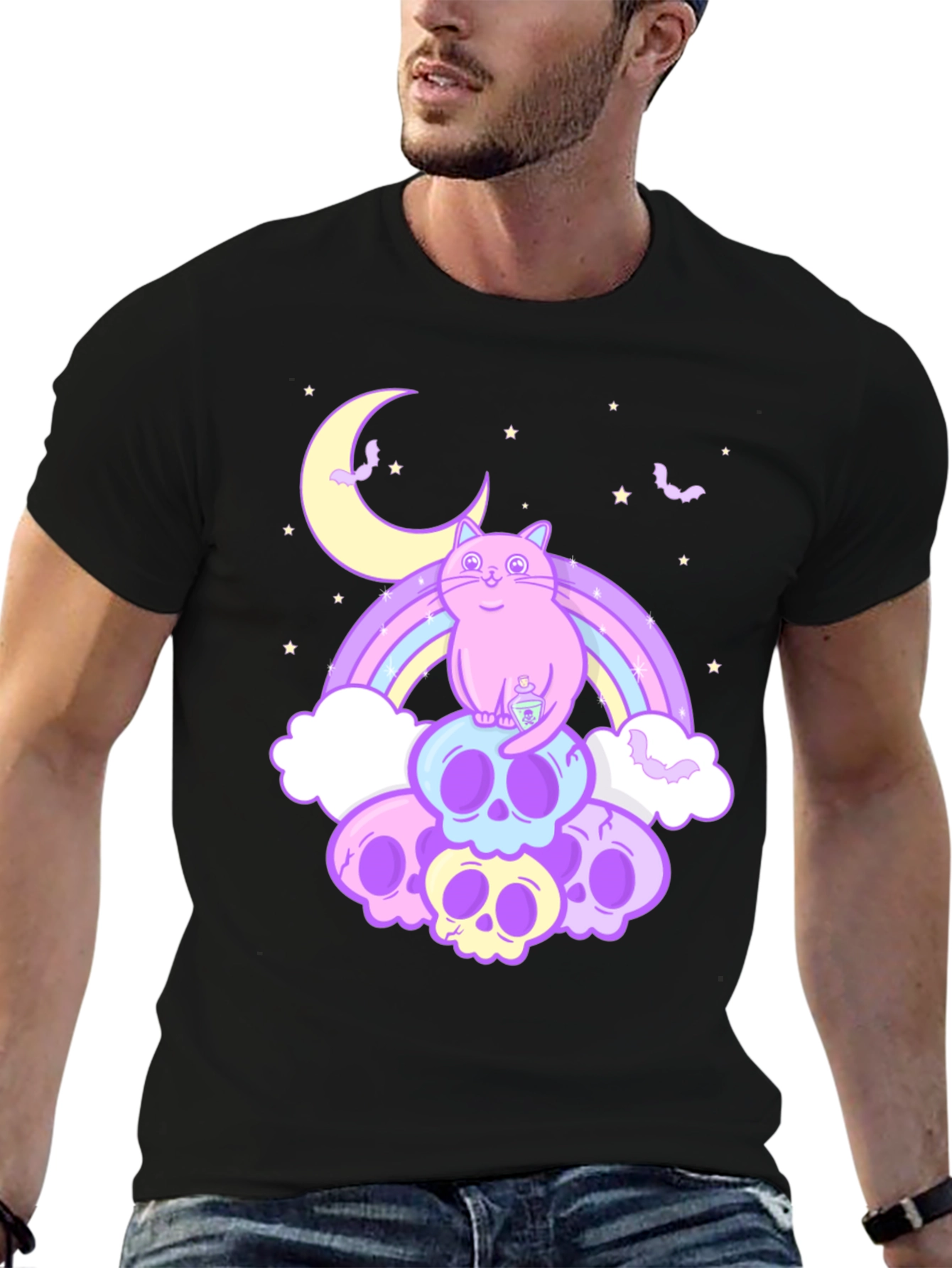 Pastel Goth Cat T-Shirt - Skull Rainbow Design
