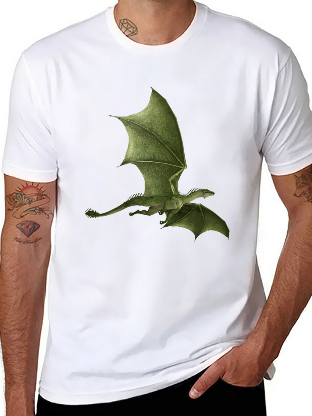 Green Dragon Print Black T-Shirt