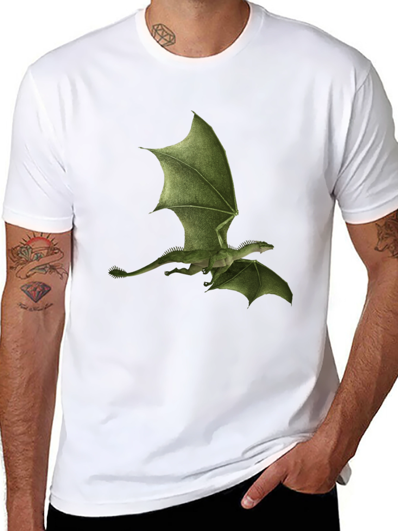 Green Dragon Print Black T-Shirt