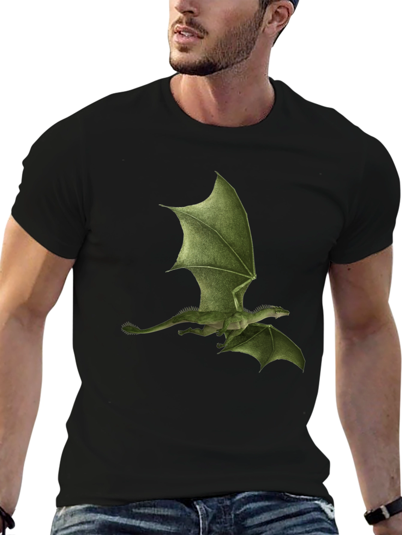 Green Dragon Print Black T-Shirt