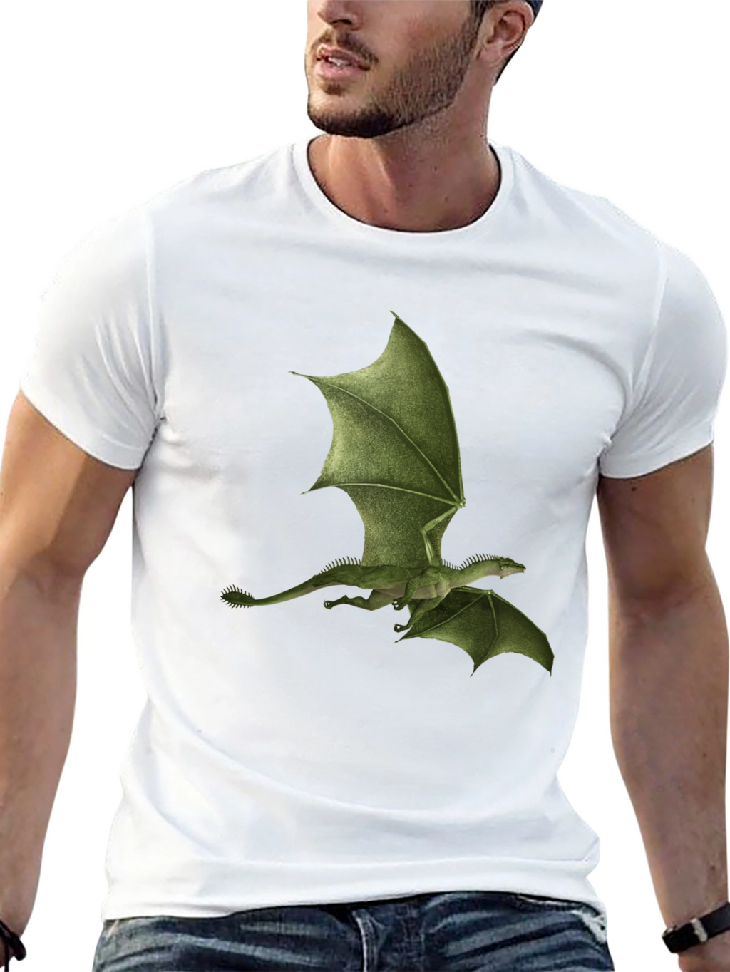 Green Dragon Print Black T-Shirt