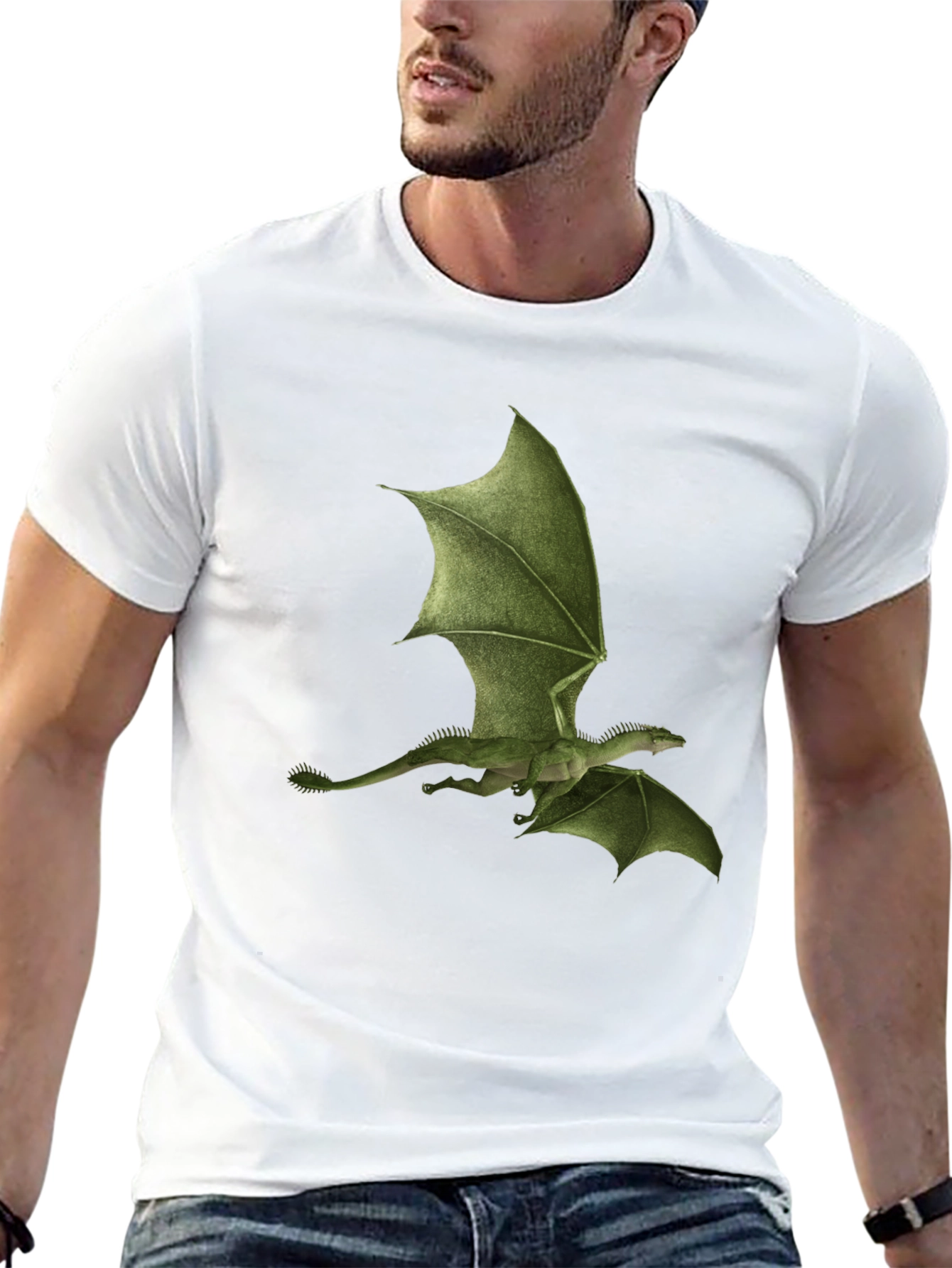 Green Dragon Print Black T-Shirt