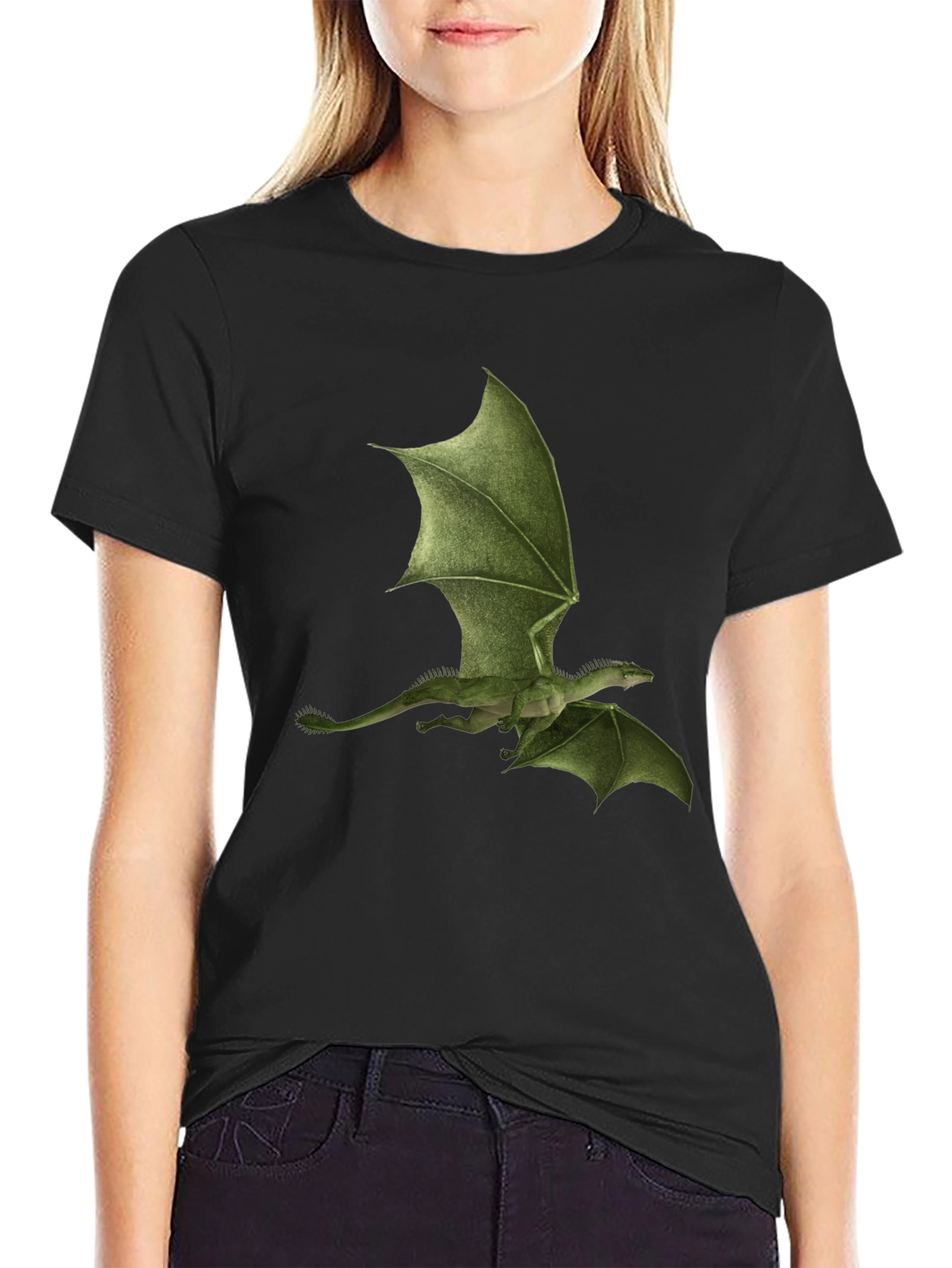 Green Dragon Print Black T-Shirt
