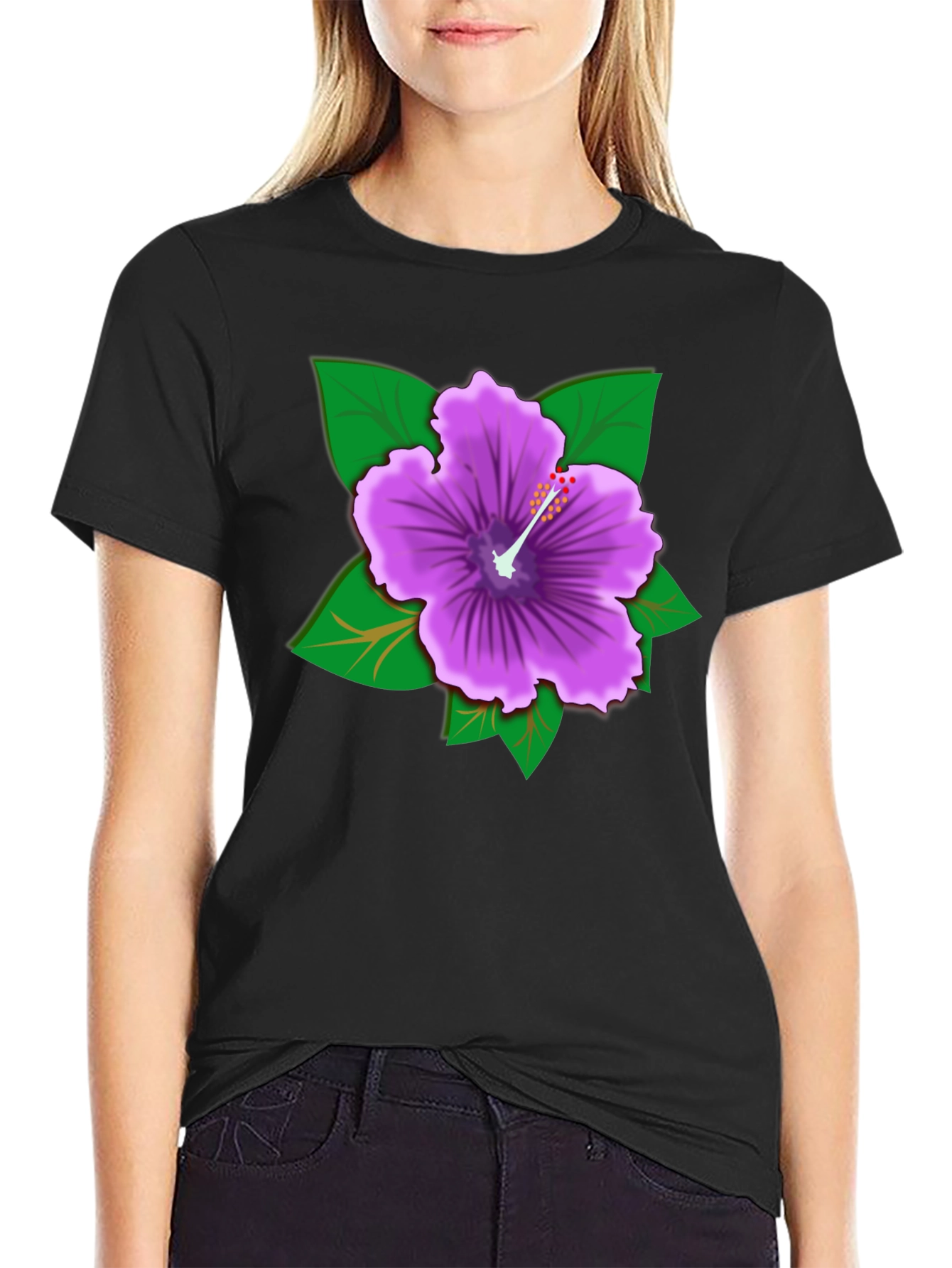 Hibiscus Flower Graphic Tee - Black Cotton Casual Shirt