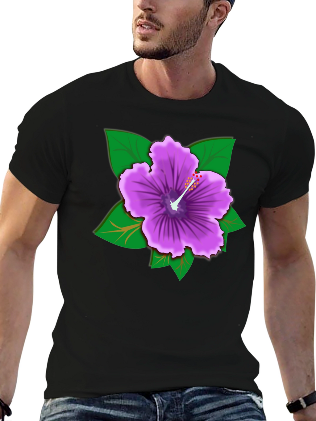 Hibiscus Flower Graphic Tee - Black Cotton Casual Shirt