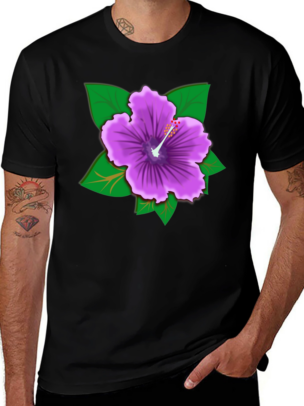 Hibiscus Flower Graphic Tee - Black Cotton Casual Shirt