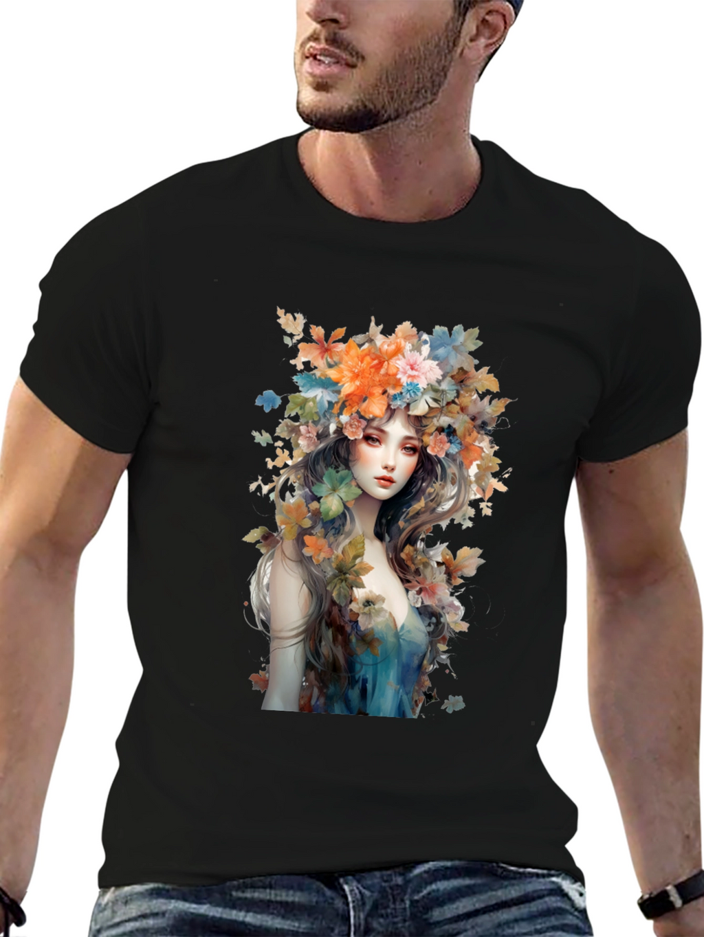 Floral Goddess Graphic Tee - Black Cotton