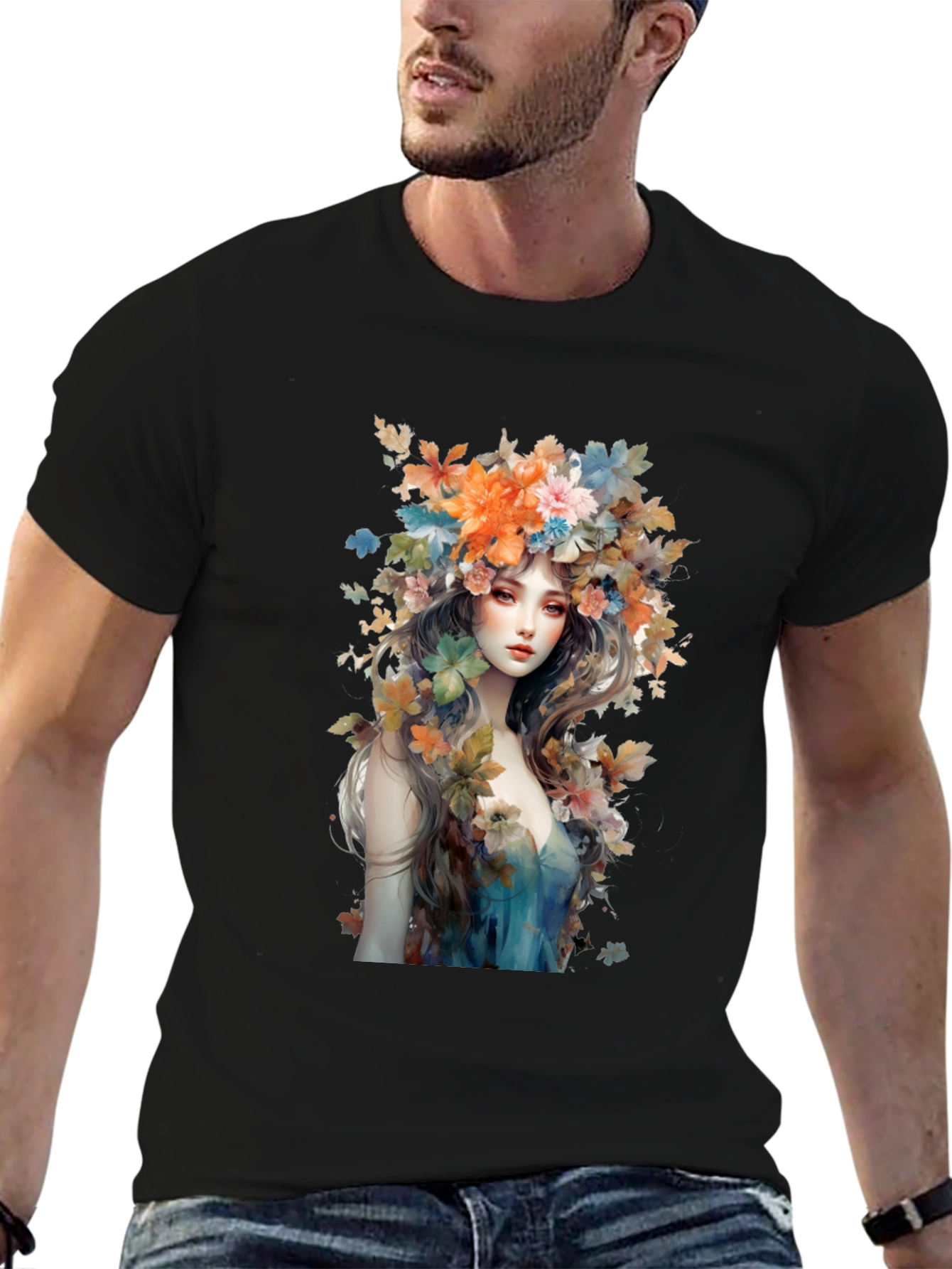 Floral Goddess Graphic Tee - Black Cotton