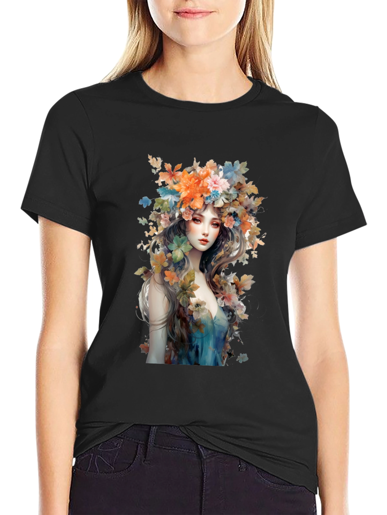 Floral Goddess Graphic Tee - Black Cotton