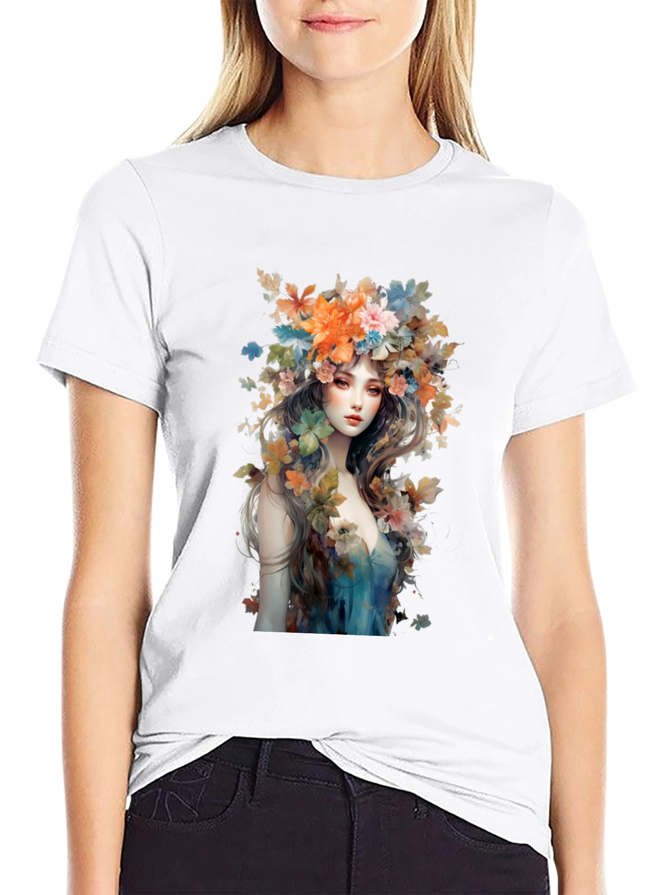 Floral Goddess Graphic Tee - Black Cotton