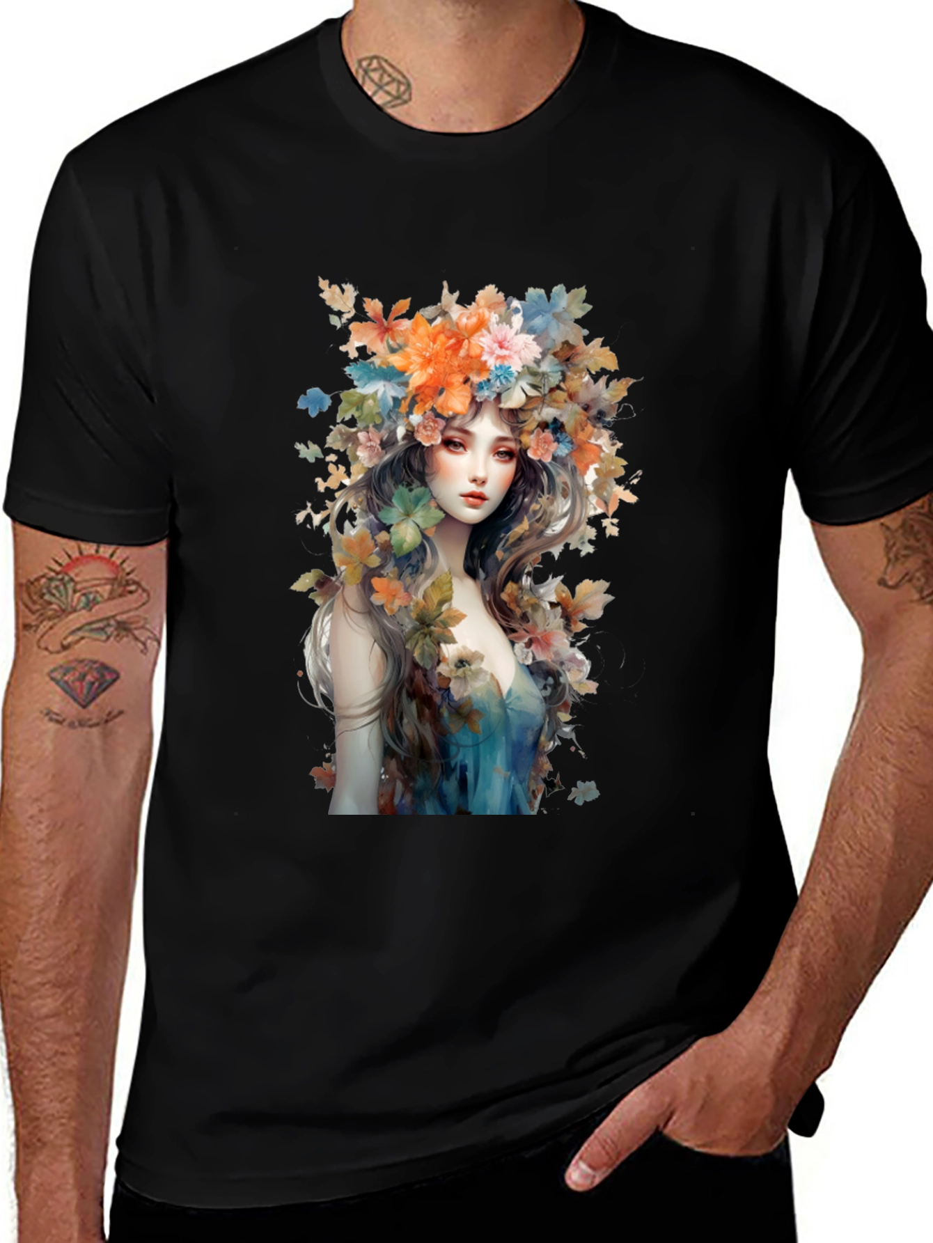 Floral Goddess Graphic Tee - Black Cotton