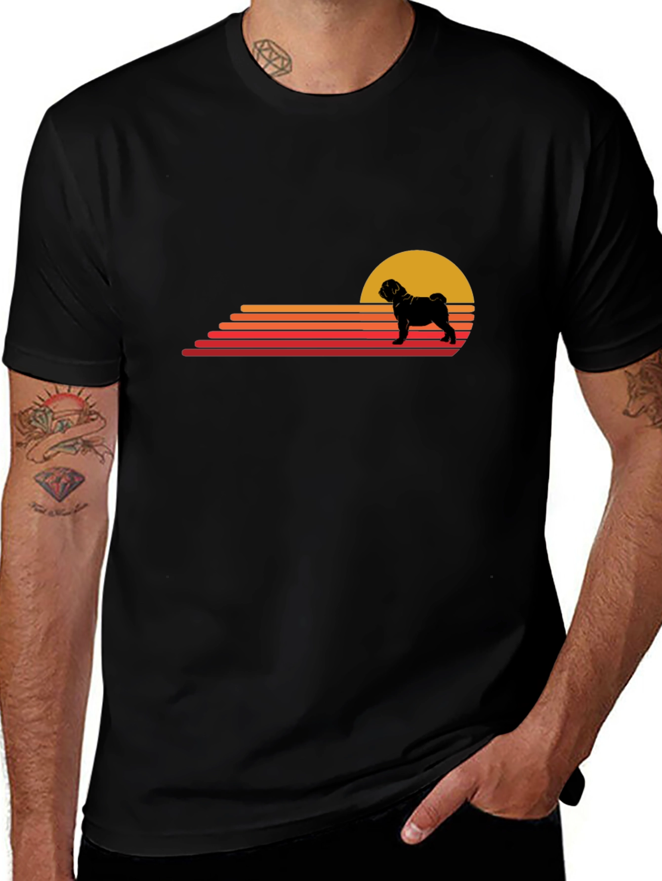 Retro Pug Sunset T-Shirt - Black