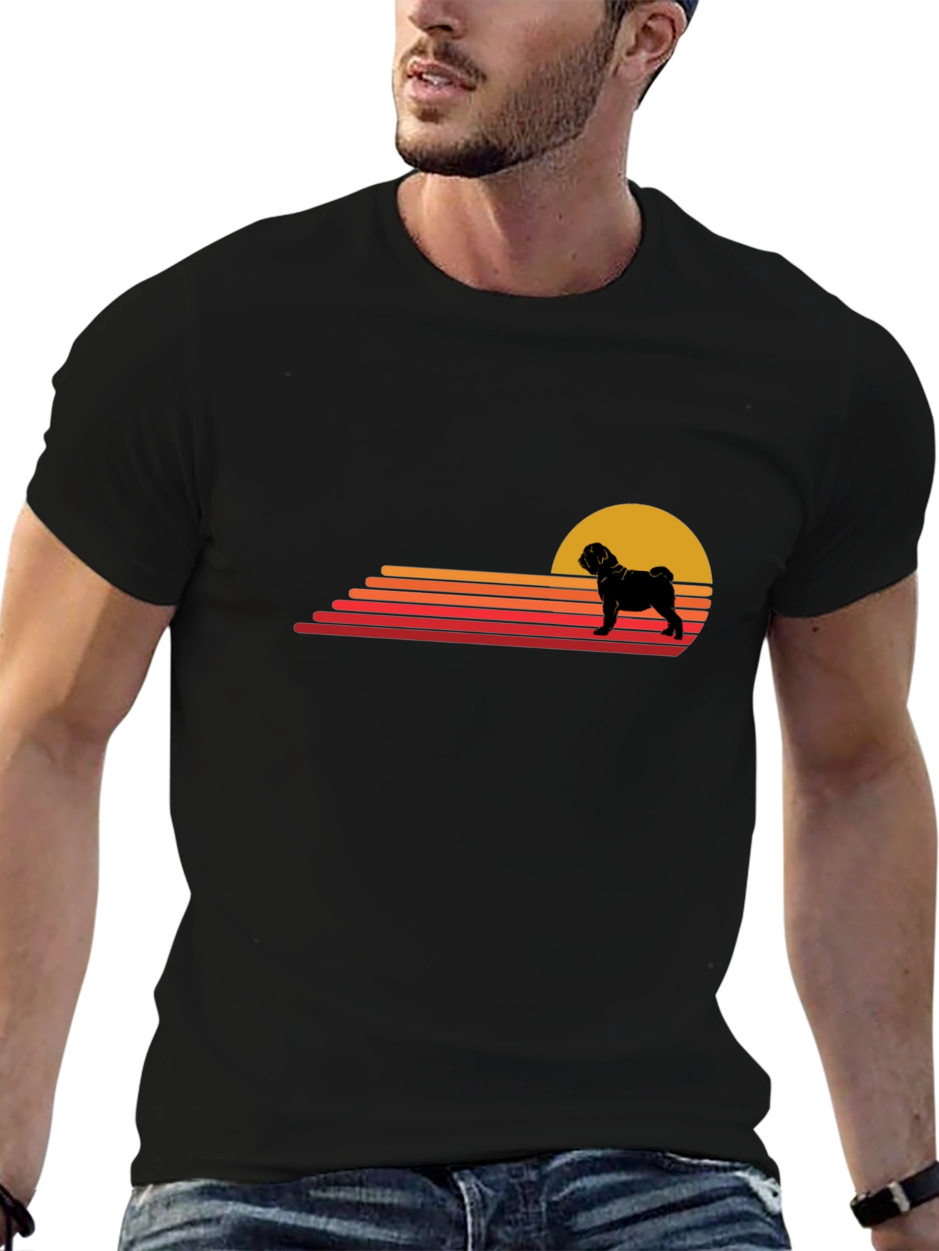 Retro Pug Sunset T-Shirt - Black