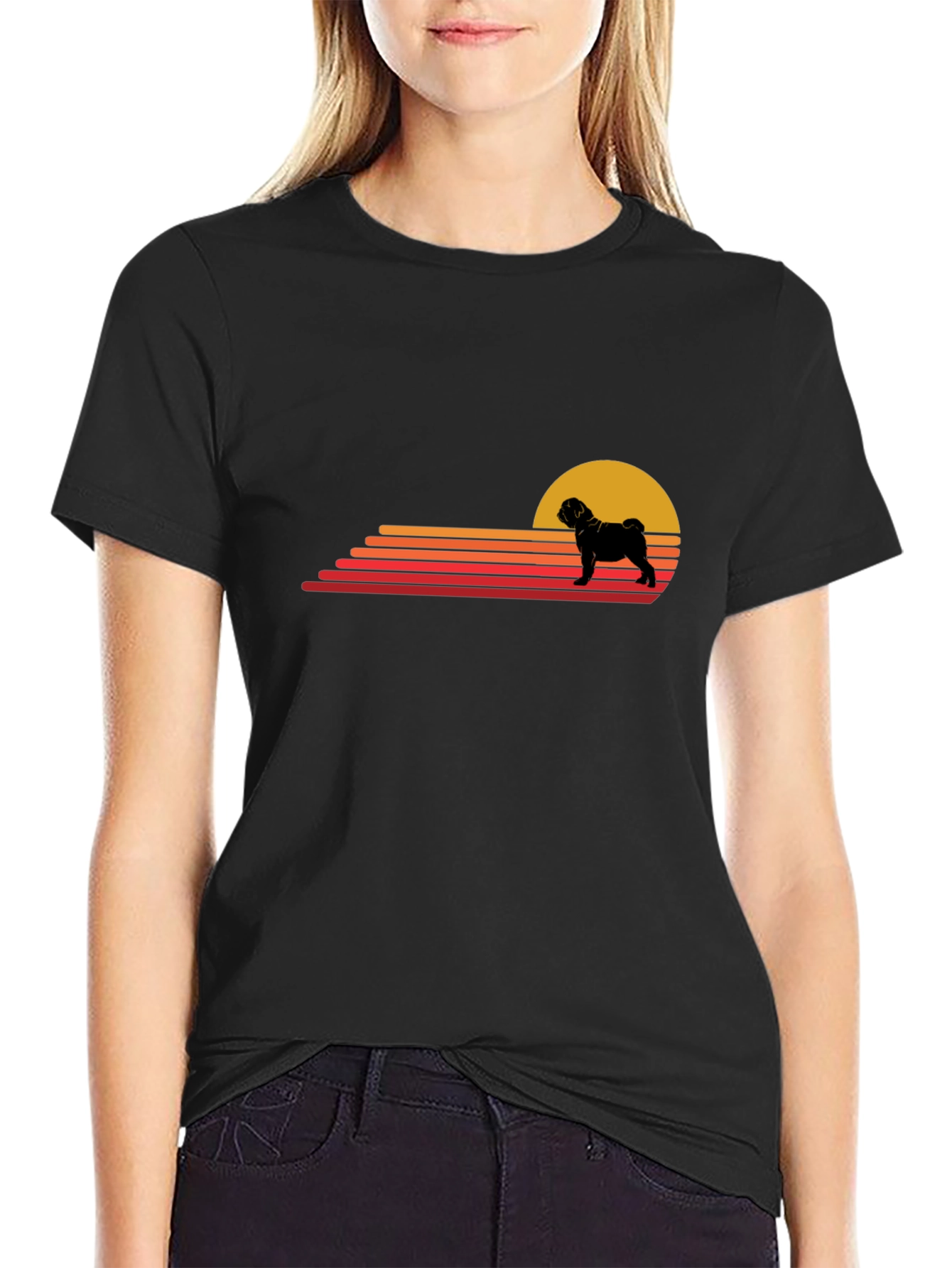 Retro Pug Sunset T-Shirt - Black