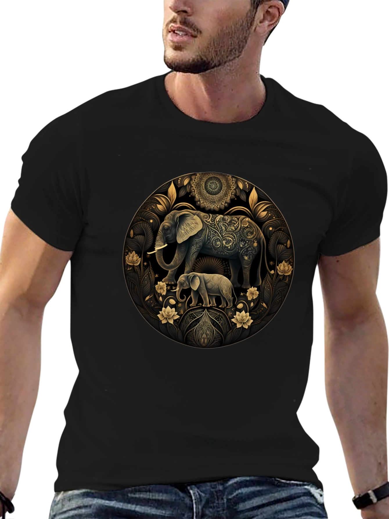 Elephant Mandala Graphic Black Tee