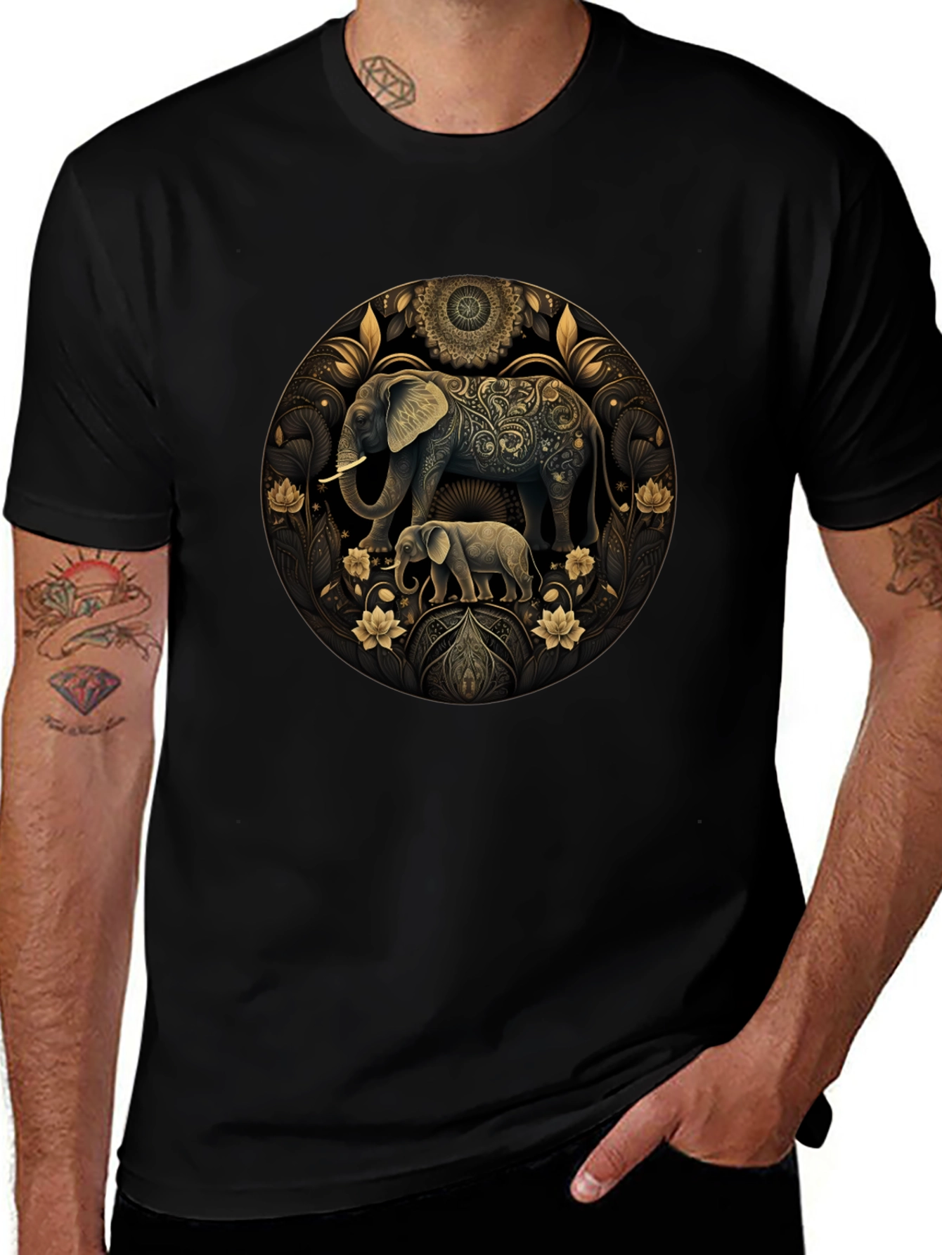 Elephant Mandala Graphic Black Tee