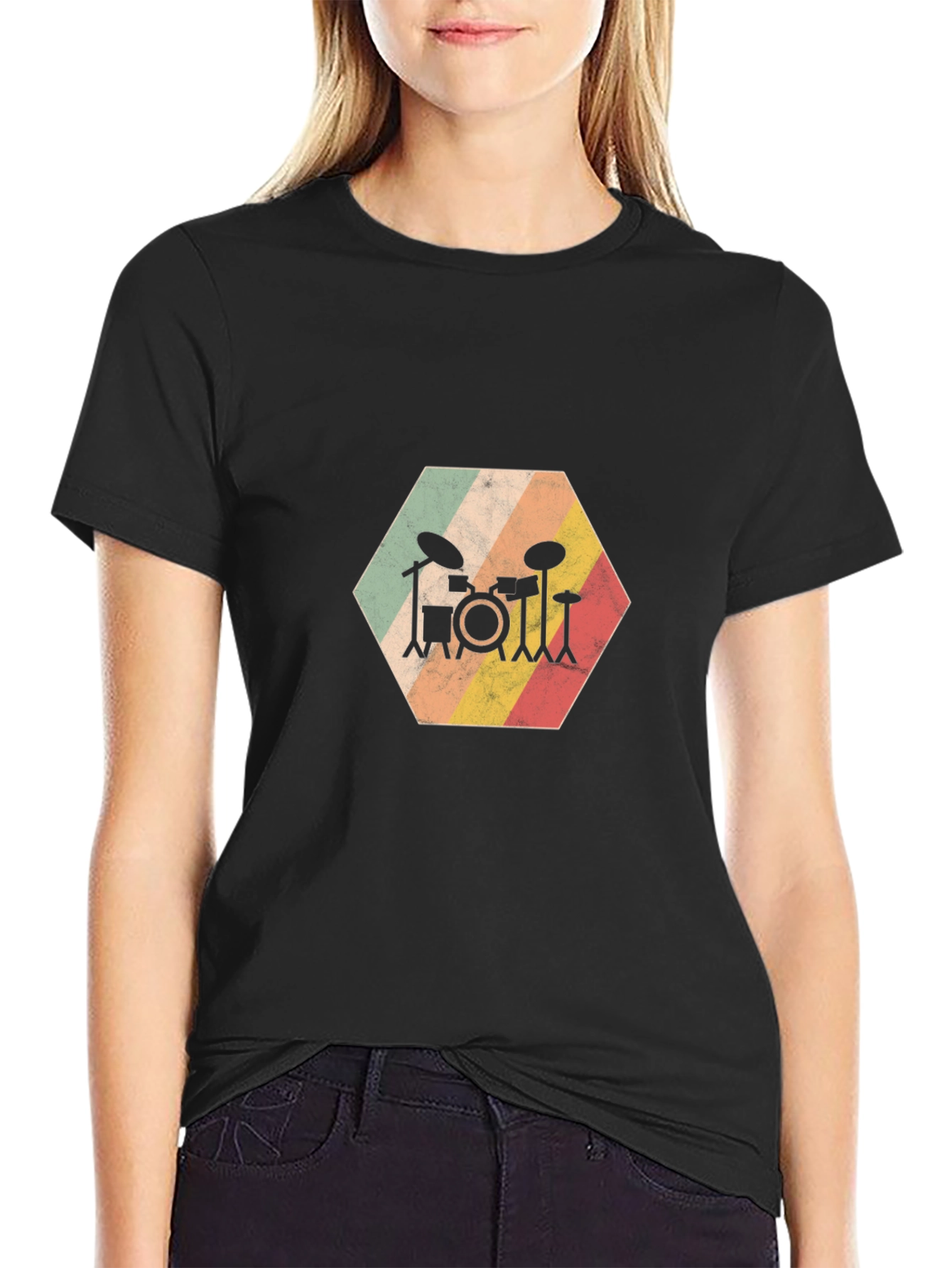 Retro Drum Set Graphic Tee - Black