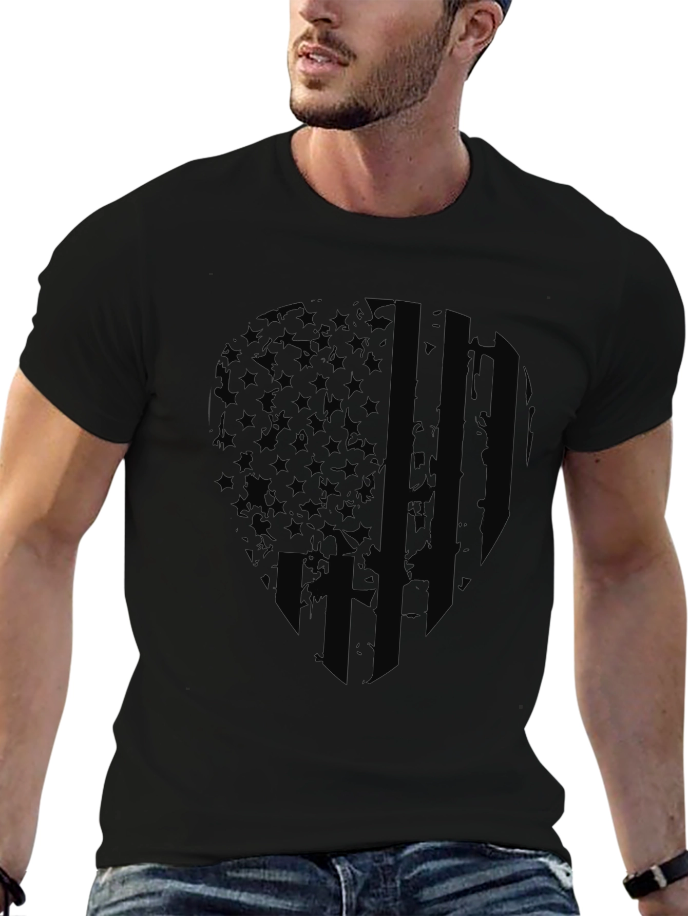 Patriotic Skull USA Flag Mens T-Shirt - Black Graphic Tee