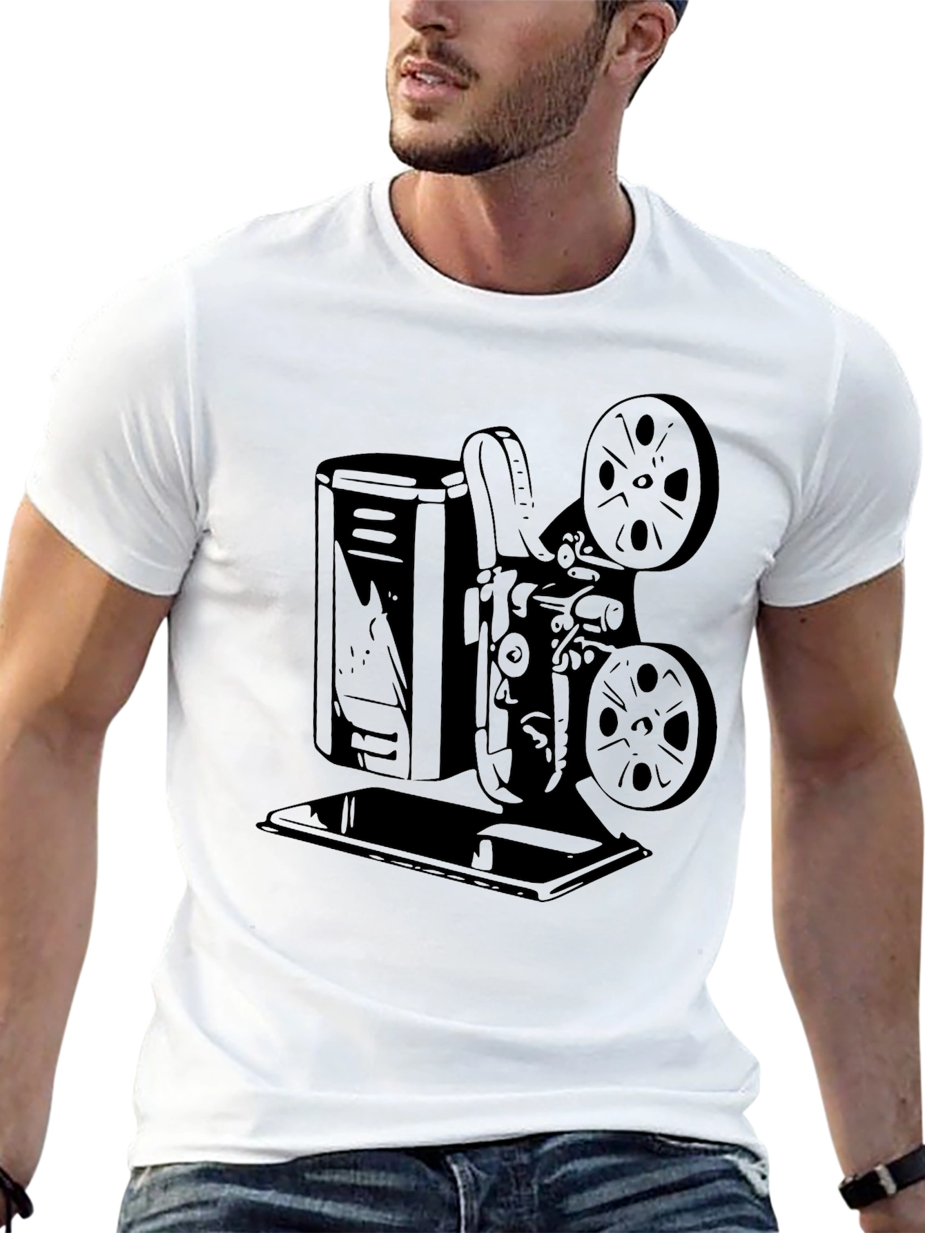 Retro Movie Projector Graphic Tee - Classic Film Fan Shirt