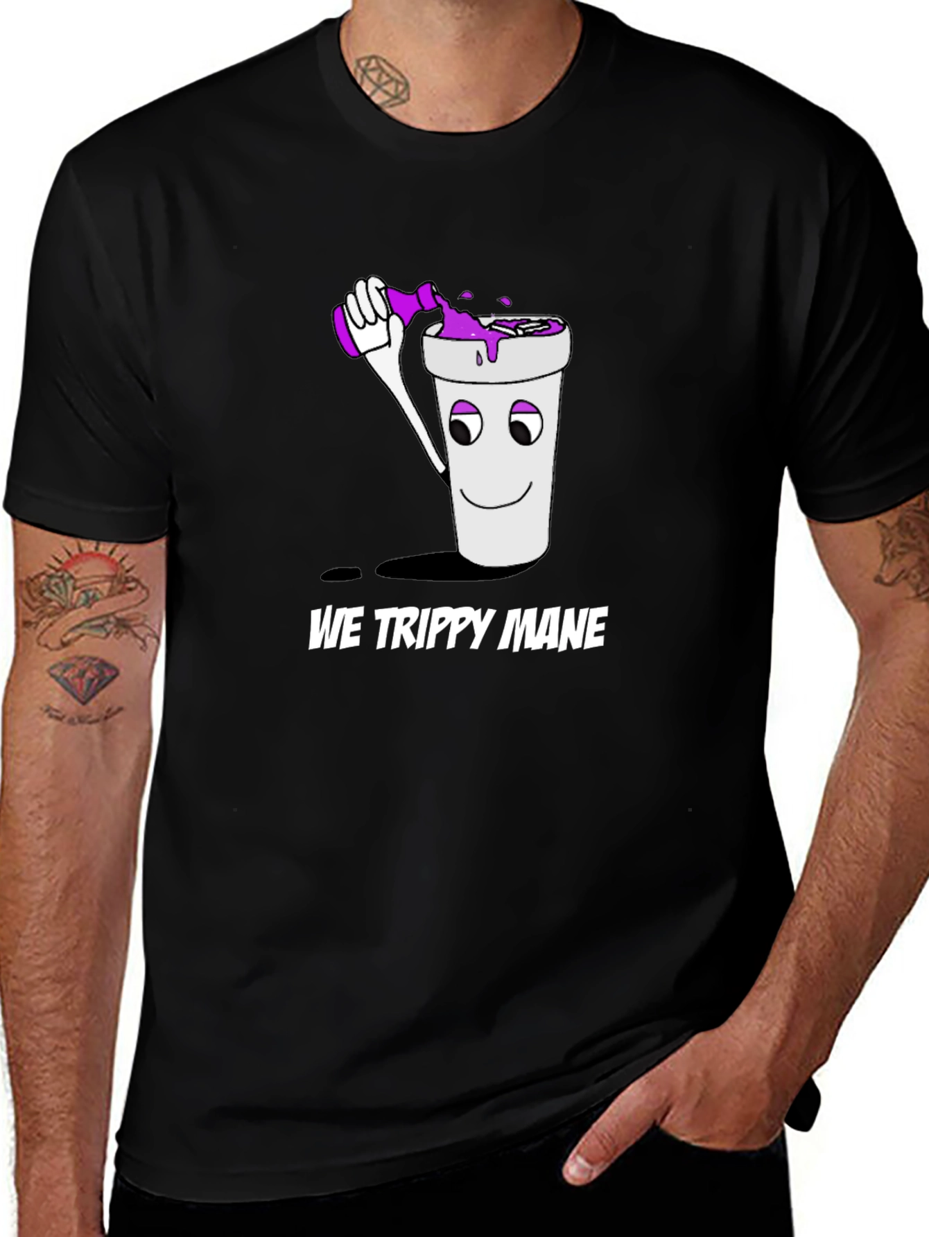 We Trippy Mane Black T-Shirt with Cup and Drink Design