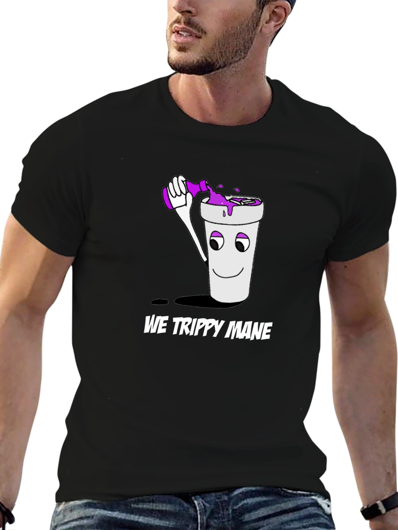 We Trippy Mane Black T-Shirt with Cup and Drink Design