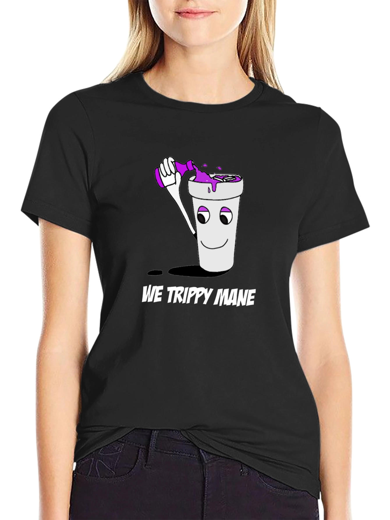 We Trippy Mane Black T-Shirt with Cup and Drink Design