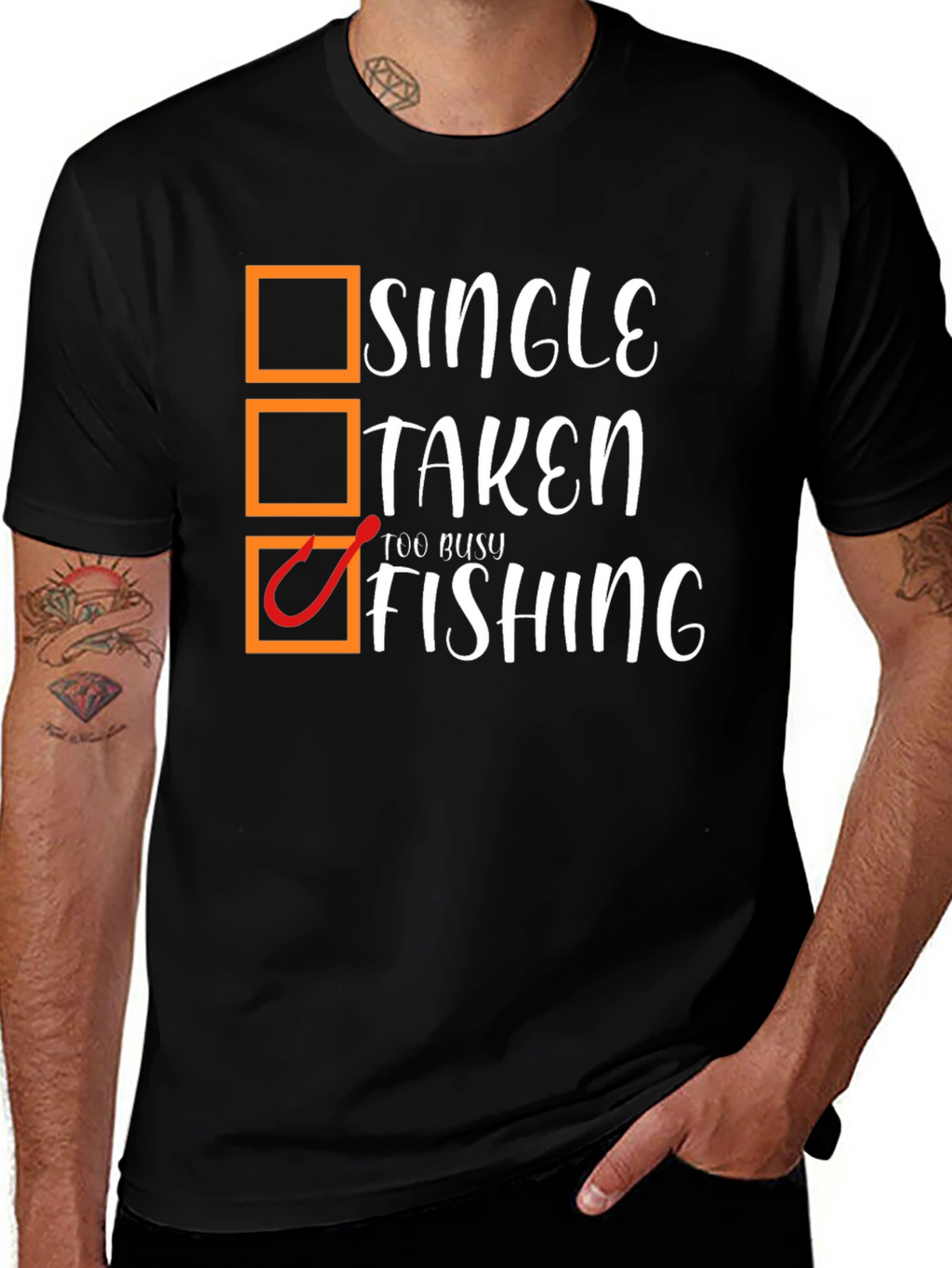 Single Taken Too Busy Fishing Black Graphic T-Shirt